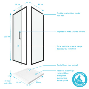 Porte de douche Pivotante et retour profilés noir + receveur a poser - 80x80x204cm - CRUSH PIVOTANTE