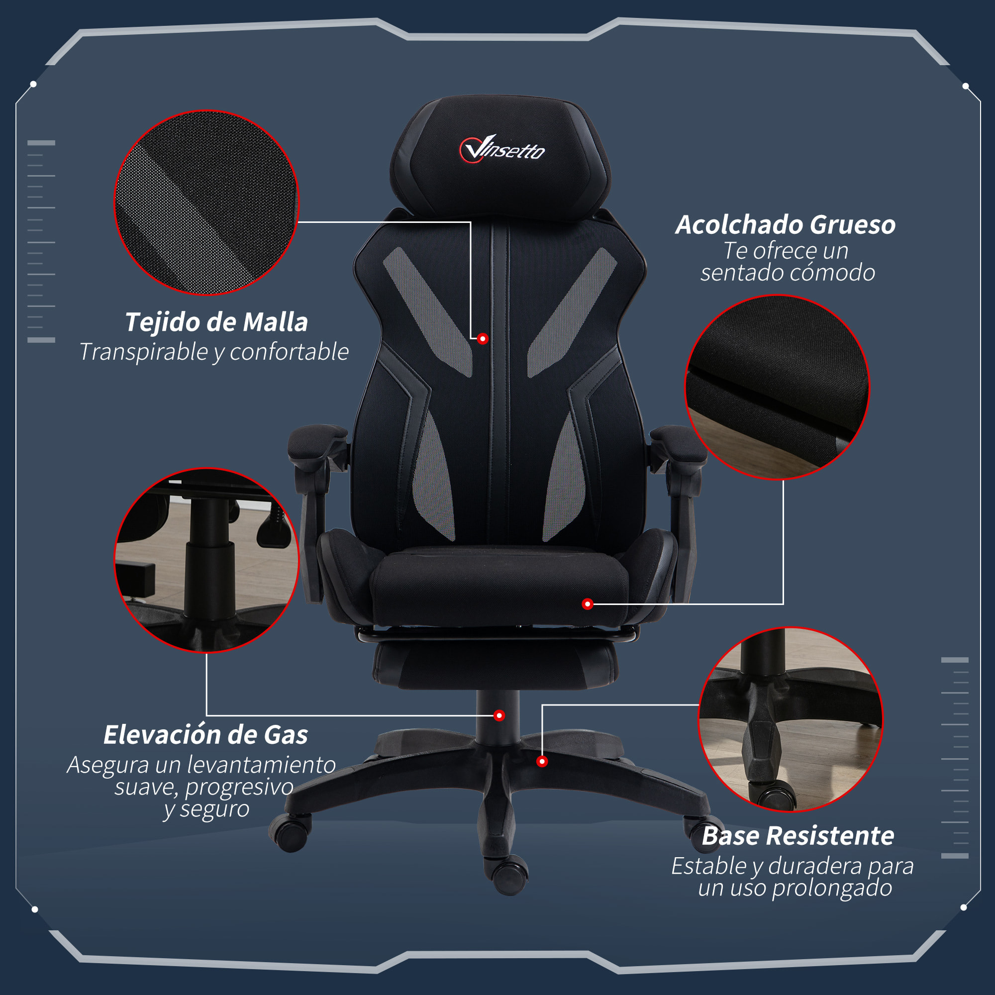 Vinsetto Silla Gaming con Reposapiés Retráctil Silla de Oficina Giratoria Reclinable con Reposacabezas y Altura Ajustable 65x65x119-129 cm Negro