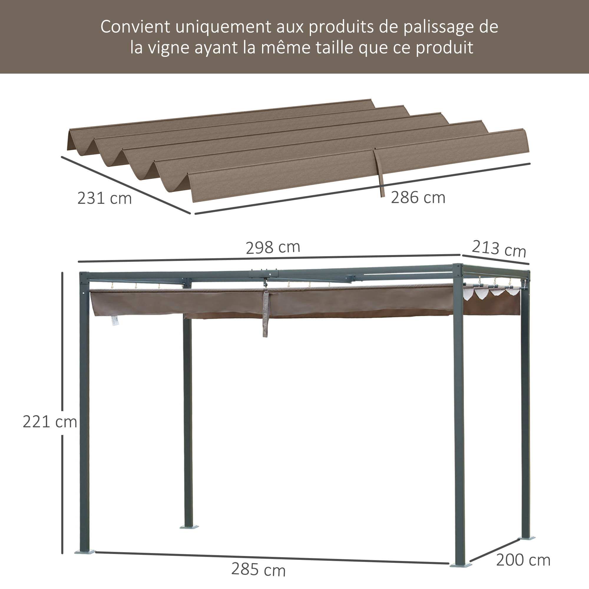 Toile de rechange pour pergola rétractable 3 x 2,15 m polyester haute densité 180 g/m² anti-UV30+ taupe