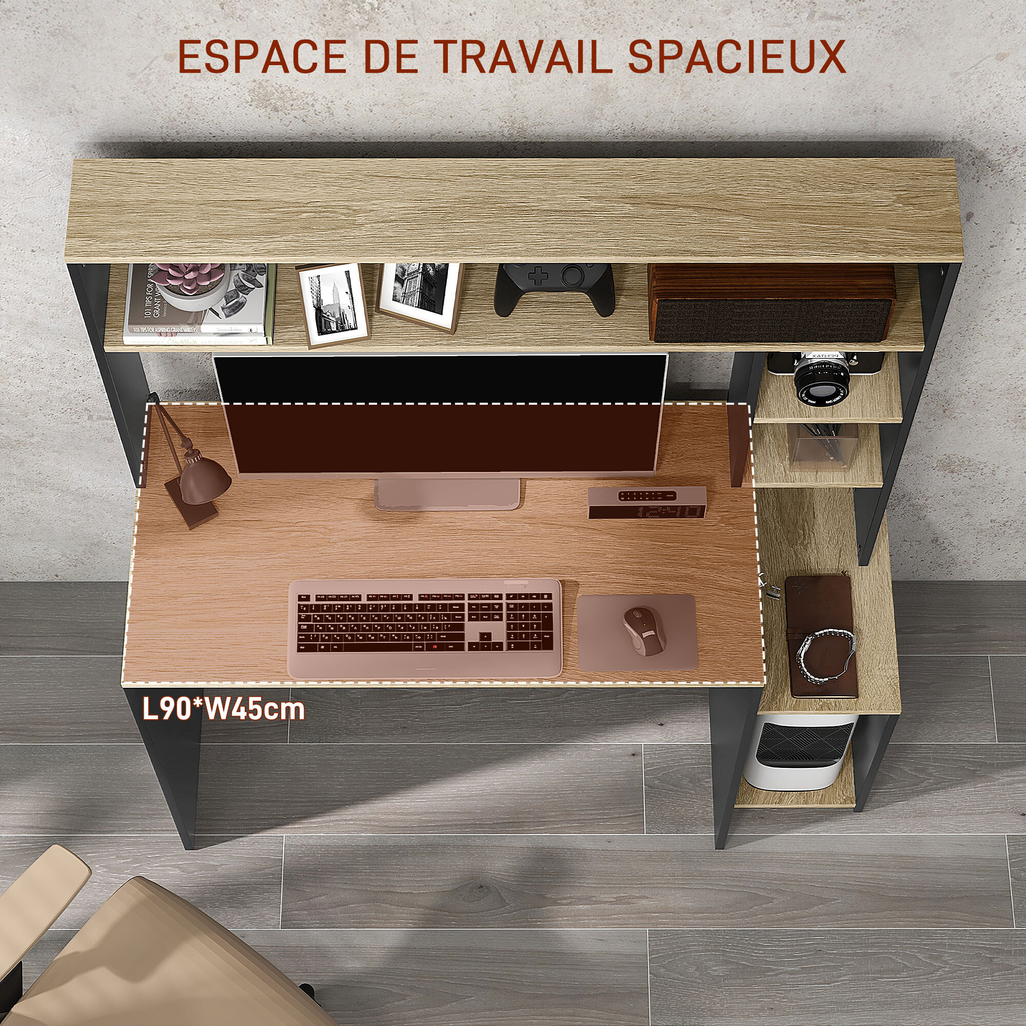 Bureau multi-rangement 5 étagères dim. 114L x 45l x 138H cm gris aspect chêne clair