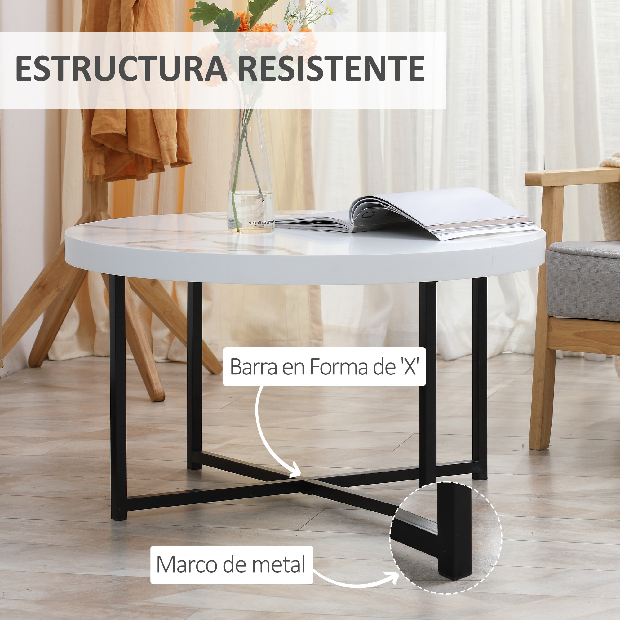 HOMCOM Mesa de Centro Mesa de Salón Redondo con Encimera Símil Mármol y Marco de Metal para Oficina Dormitorio Comedor Estilo Moderno 80x80x45 cm Blanco