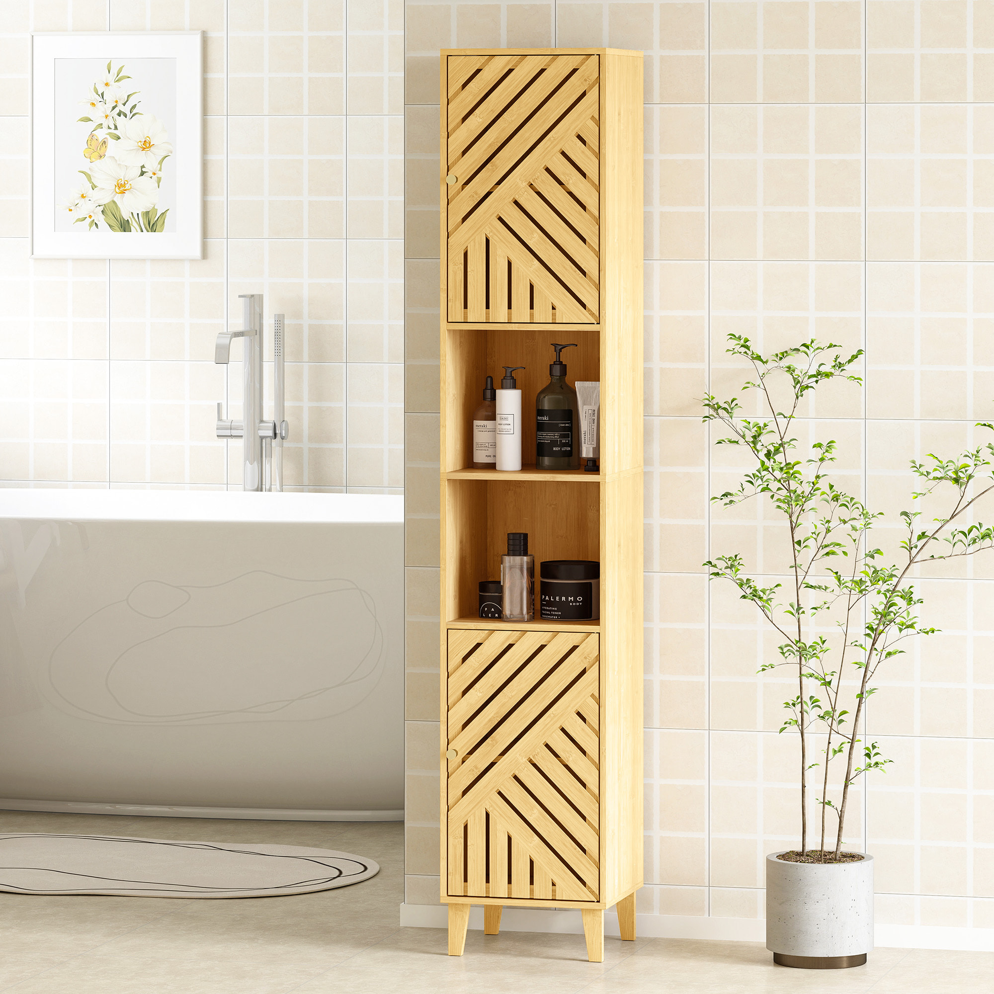 Armario de Baño Alto Columna de Baño Estrecha 32x30x170 cm con Puertas y Patas de Bambú Estantes Ajustables Compartimento Abierto Natural