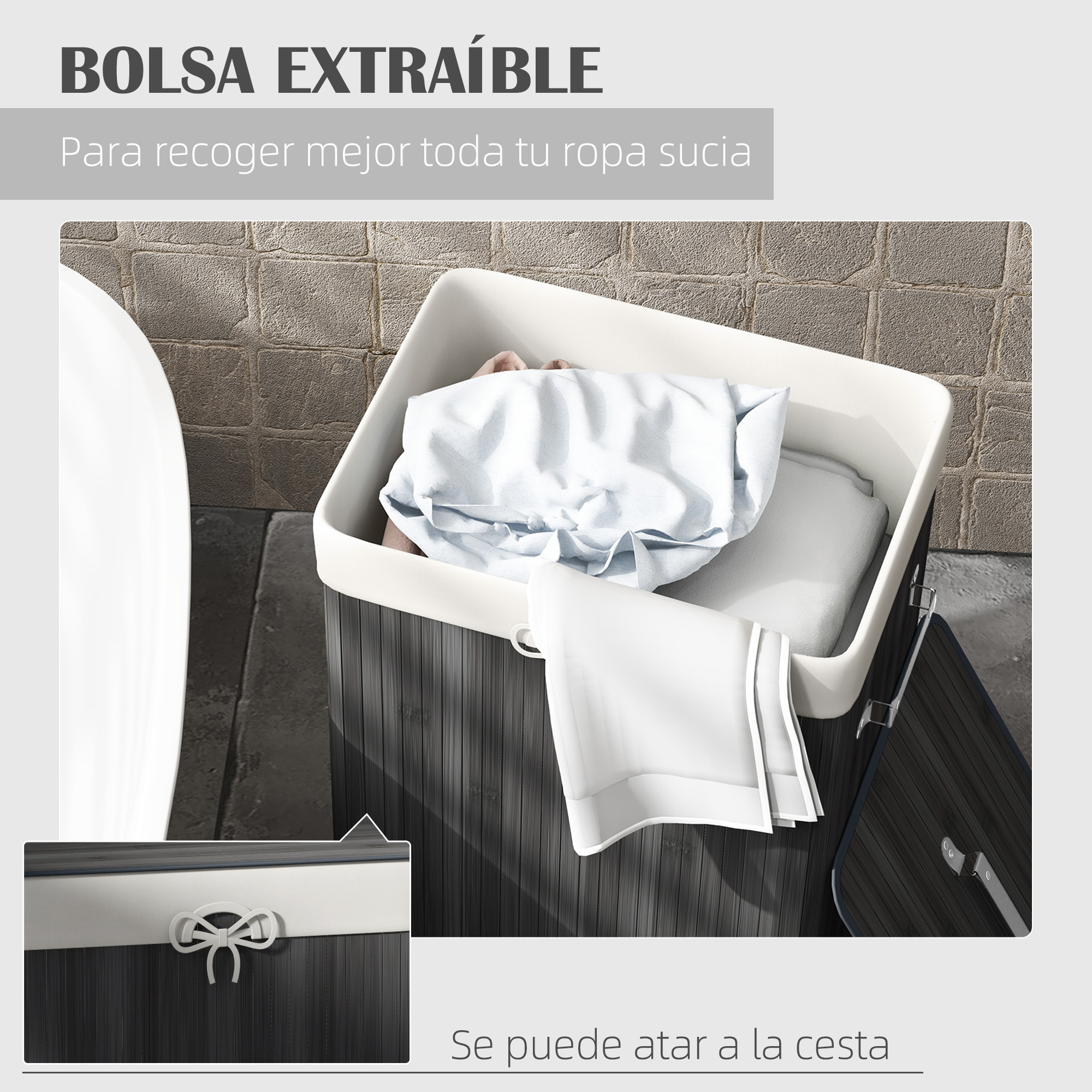 Cesto para Ropa Sucia Plegable de Bambú Cesto para Ropa Sucia con Tapa Asas y Bolsa Extraíble para Baño 40x30x60 cm Gris Oscuro