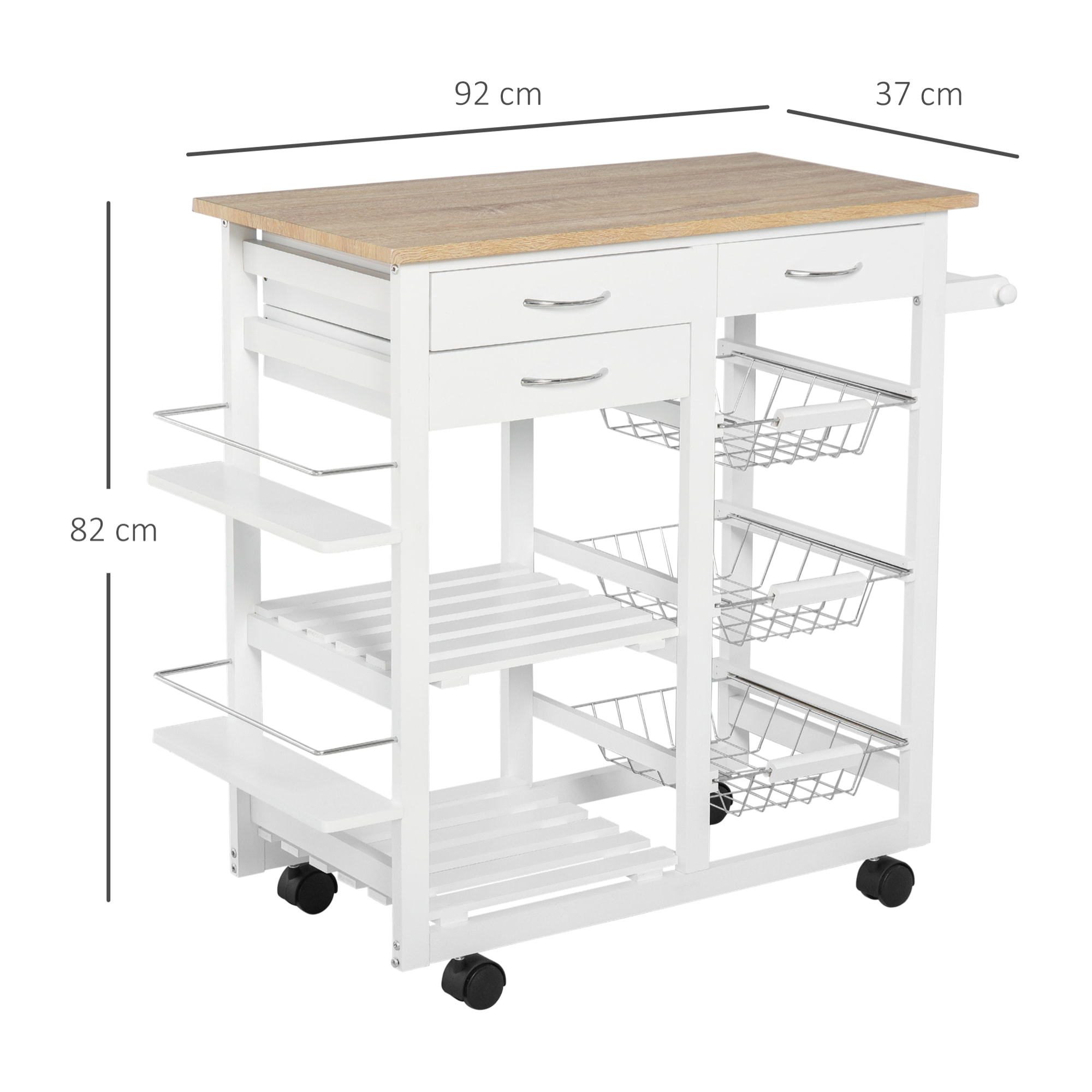 Chariot de service desserte de cuisine à roulettes multi-rangements 92L x 37l x 82H cm MDF imitation chêne clair pin blanc