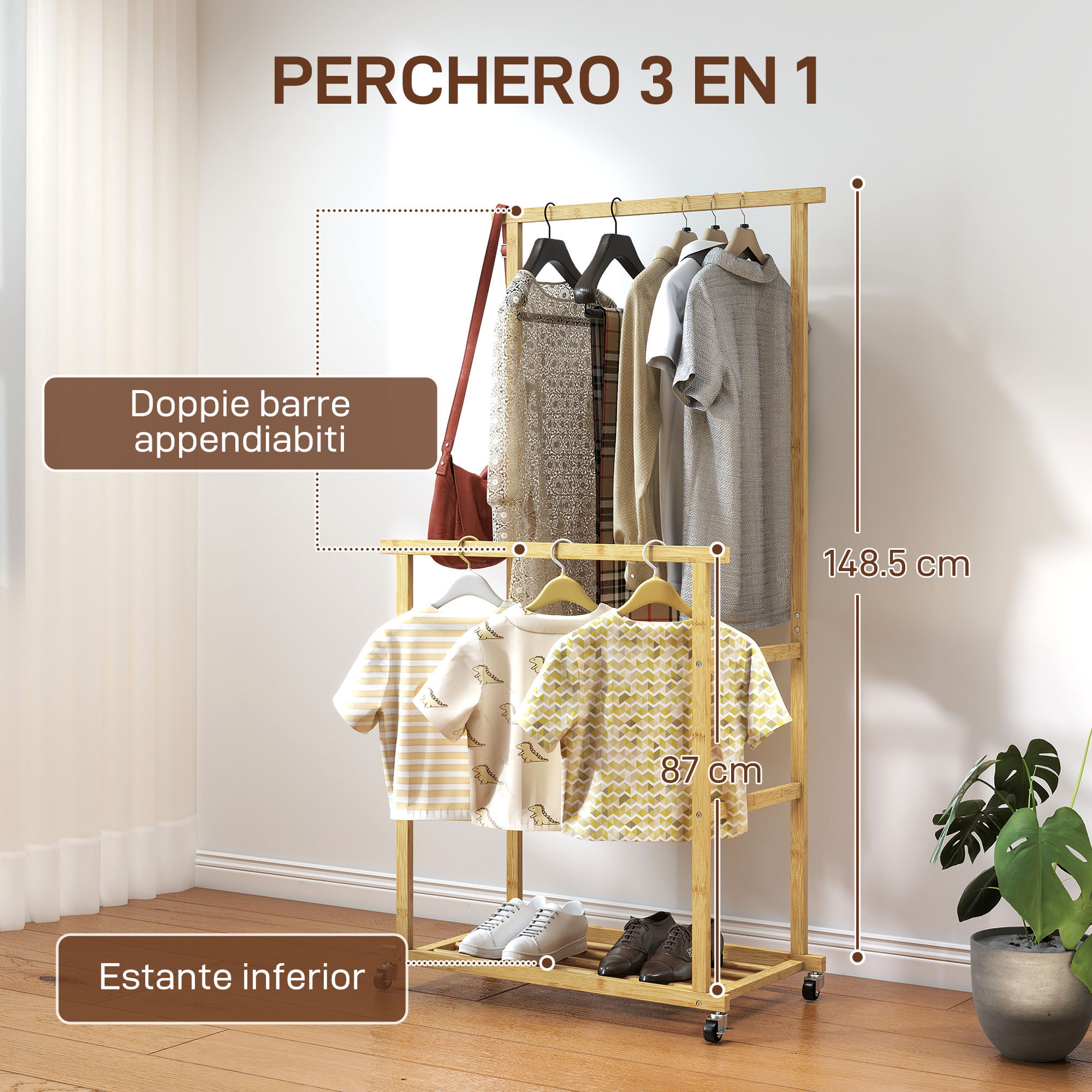 Burro Ropa, Perchero Colgador de Ropa de Bambú con Ruedas, con Zapatero, 2 Barras para Colgar, para Entrada, Pasillo, Dormitorio, 80x40x160 cm, Natural