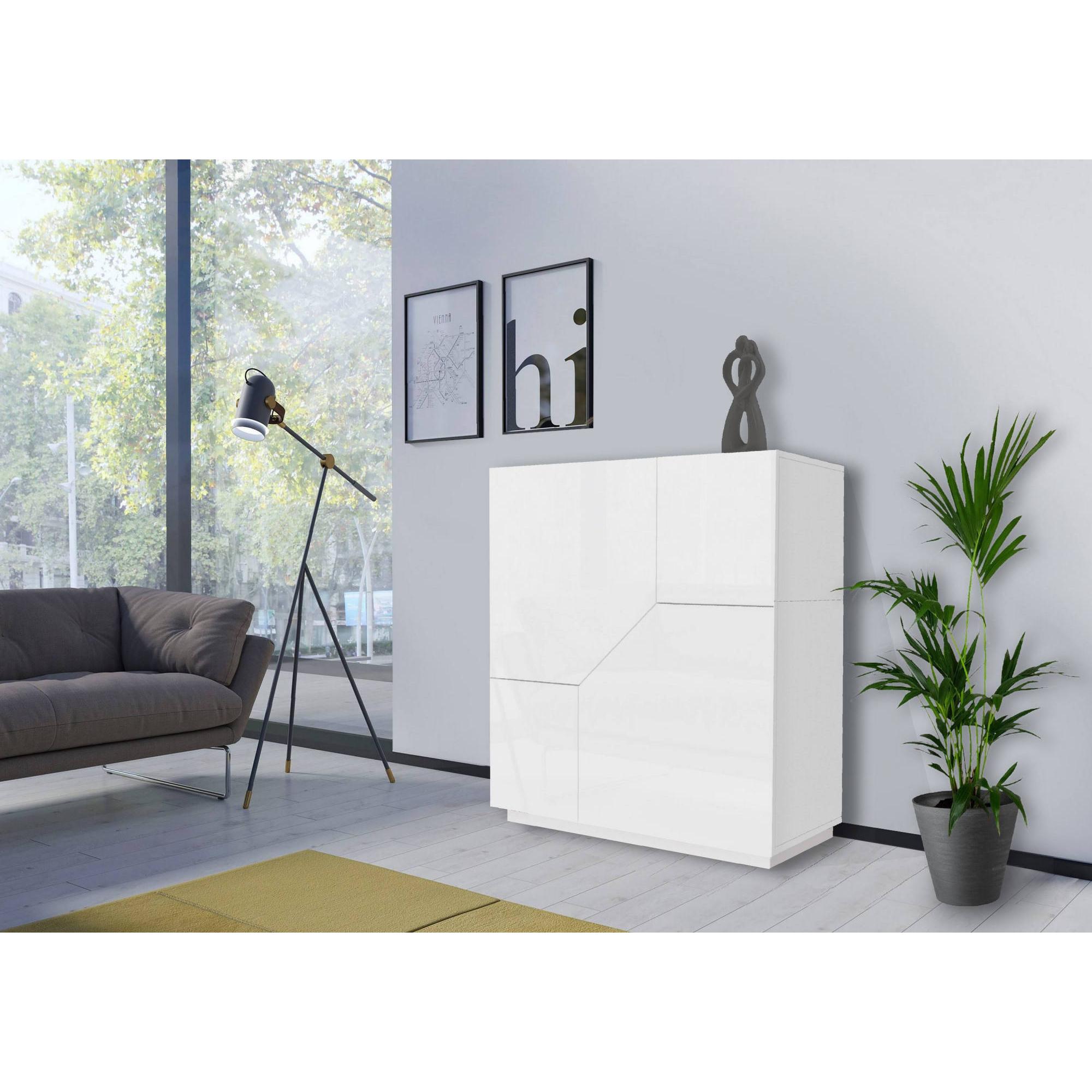 Credenza moderna a 2 ante geometriche, Made in Italy, Madia da ingresso, Buffet di design da soggiorno, Cm 100x43h106, Bianco lucido