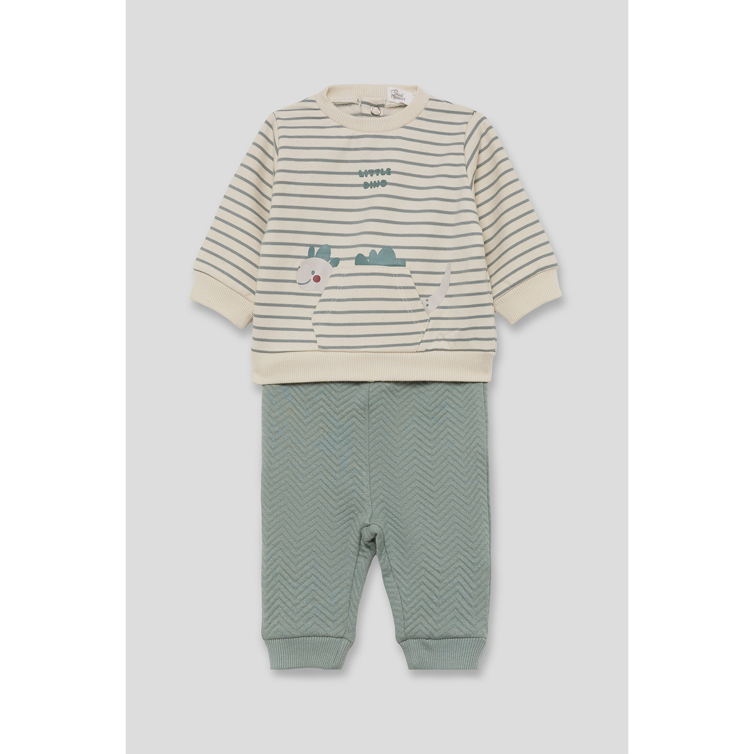 Conjunto bebé niño sudadera de rayas y pantalón eucalipto, dinosaurio y bolsillo canguro | Color: Verde iceberg | Street Monkey