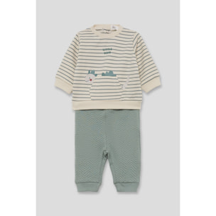 Conjunto bebé niño sudadera de rayas y pantalón eucalipto, dinosaurio y bolsillo canguro | Color: Verde iceberg | Street Monkey