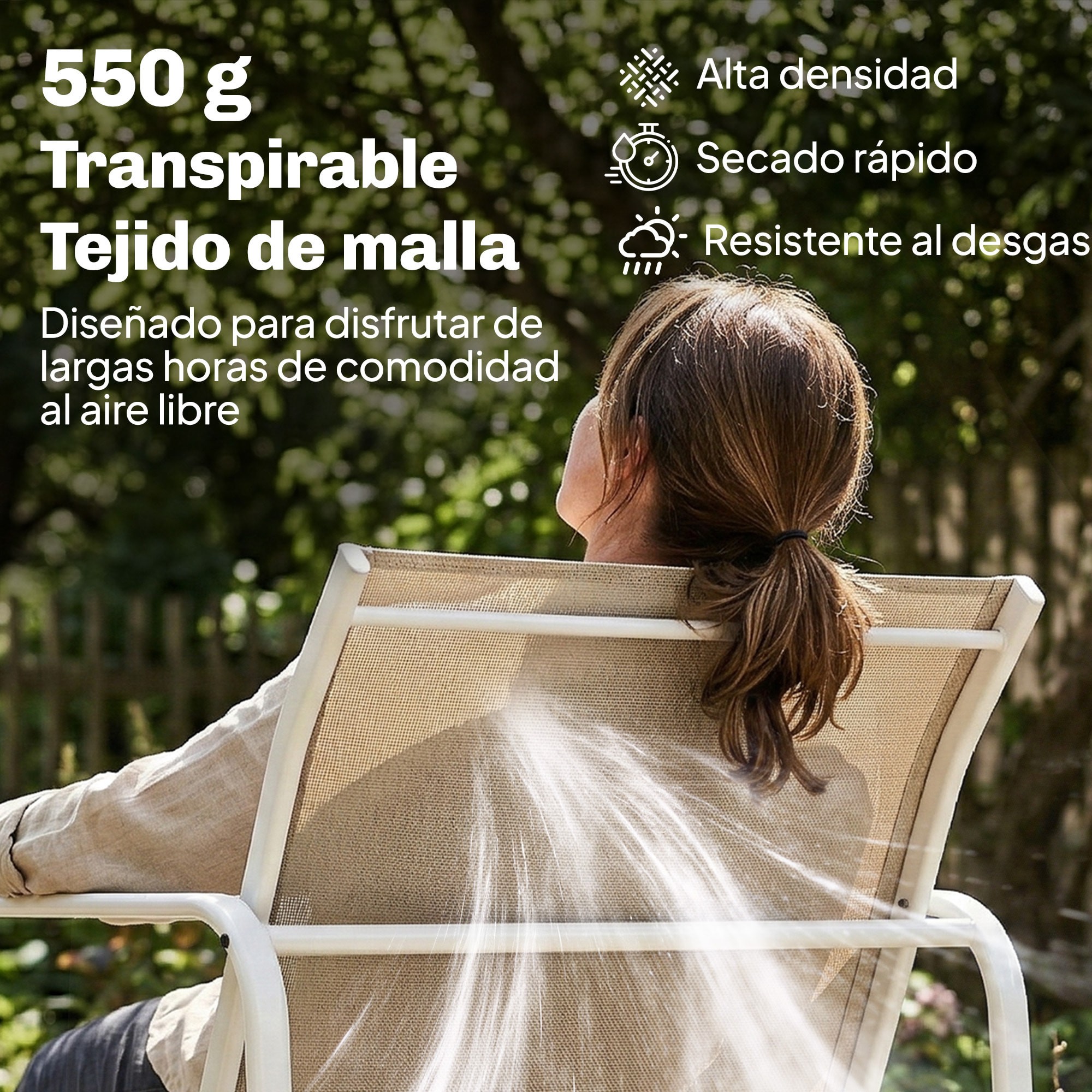 Conjunto Jardín Exterior de 4 Piezas, Muebles Jardín Exterior con Sofá de 2 Plazas, 2 Sillones, Mesa de Vidrio Templado, Tela de Textilene Transpirable, Estructura de Acero, Caqui