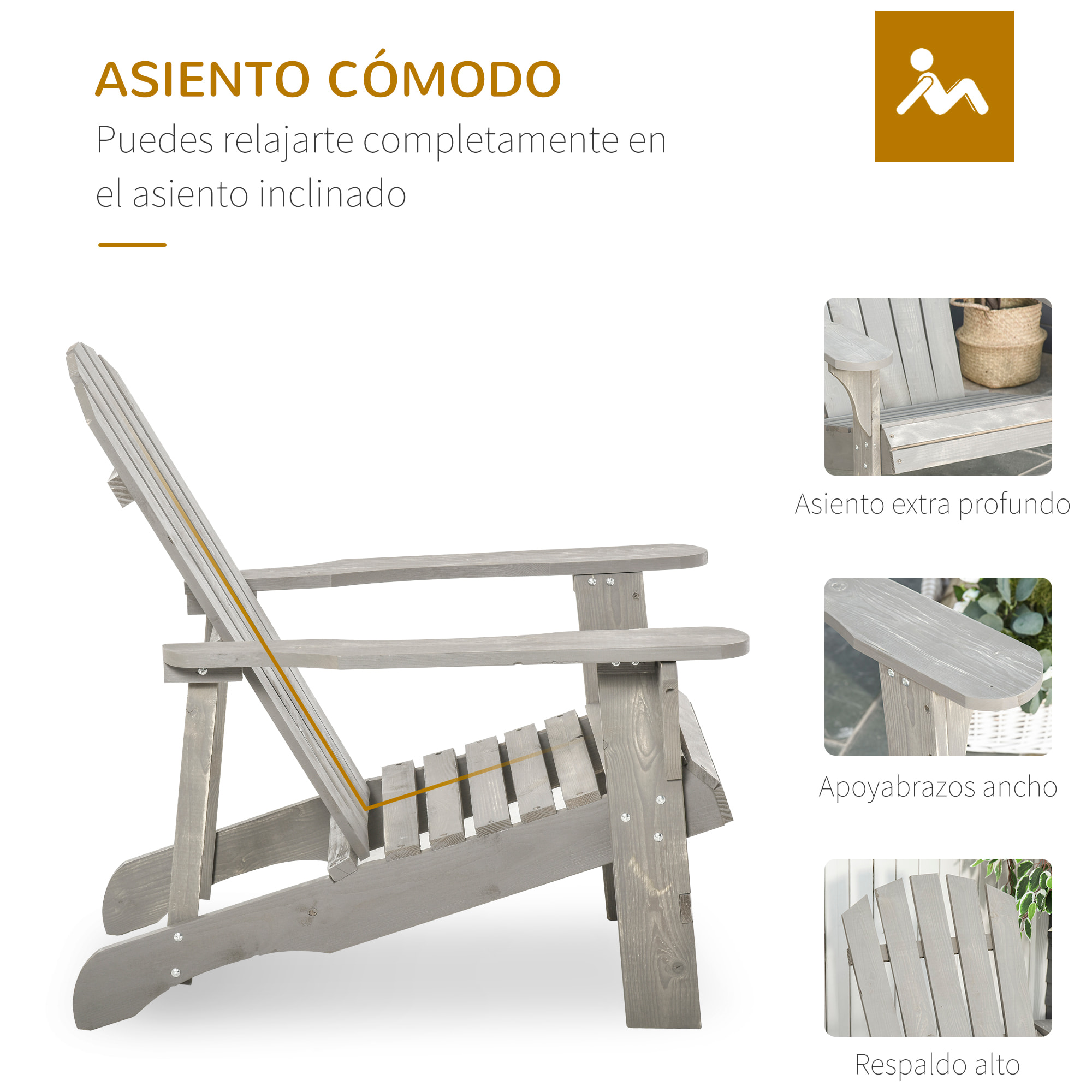 Silla Adirondack de Madera Silla de Jardín con Asiento Extra Ancho Carga 150 kg para Patio Terraza Balcón 78x89x88 cm Gris Claro