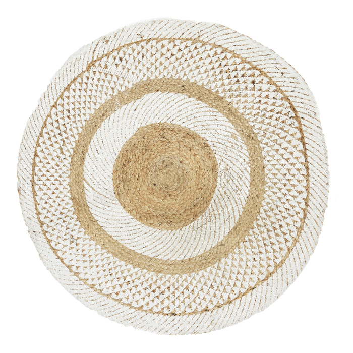 Tapis Rond Jute Imprime Blanc 90cm