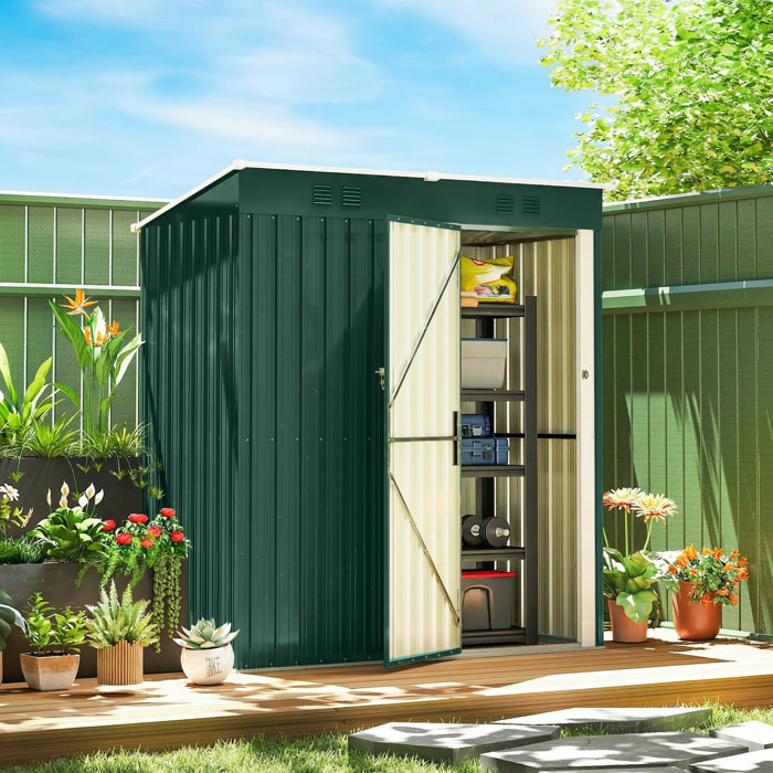 Caseta de Jardín Exterior 1,37 m², 163x90x179 cm, Cobertizo de Jardín Exterior Metálico con Puerta con Pestillo y Ranuras de Ventilación, para Almacenamiento de Herramientas, Verde
