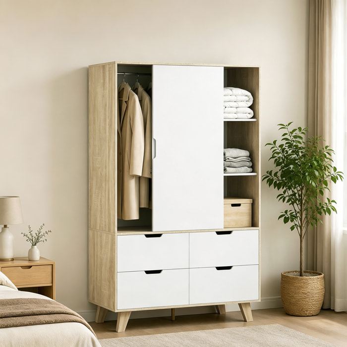 Armario Dormitorio Moderno con Puertas Correderas, Armario Ropero con Barra para Colgar, Estantes Ajustables y 4 Cajones, 120x50x187,5 cm, para Salón, Entrada, Roble y Blanco