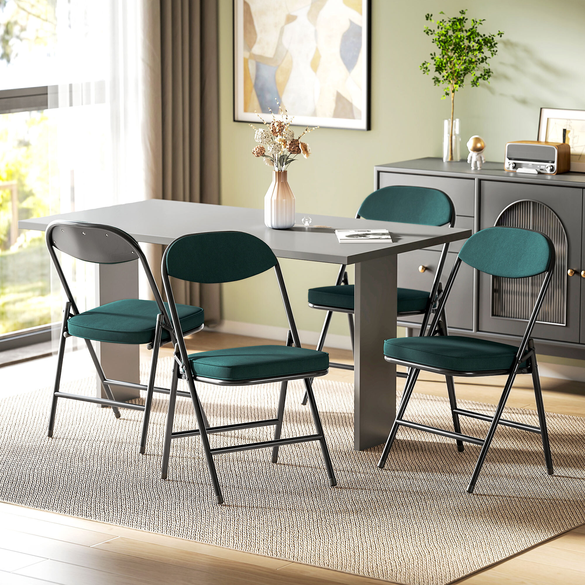 Lot de 4 chaises pliantes acier velours côtelé turquoise foncé