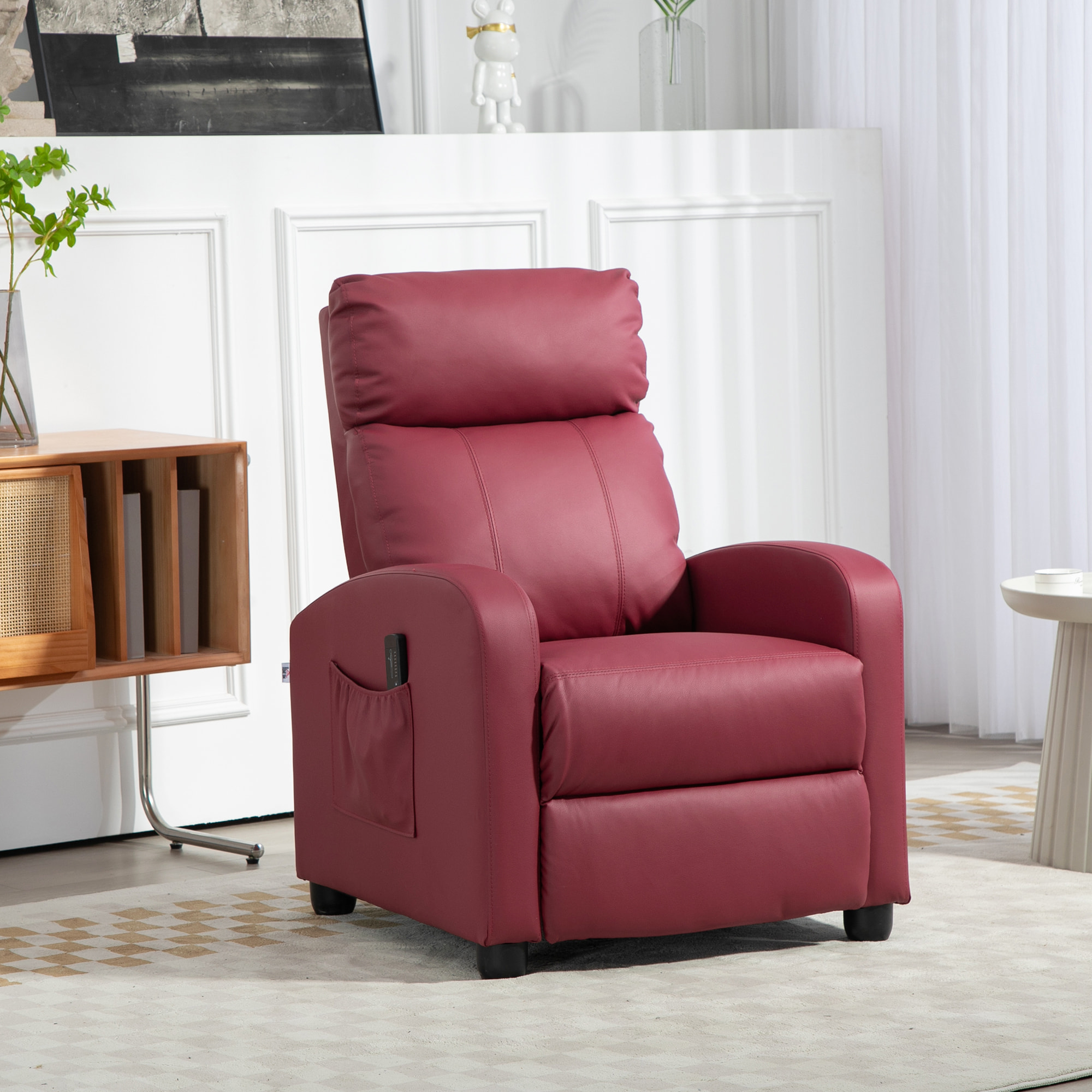 Sillón de Masaje, Sillón Relax Reclinable con Mando a Distancia, 2 Zonas de Masaje, 8 Programas, 5 Niveles de Intensidad, Bolsillo Lateral y Temporizador Tapizado en PU 68x88x98 cm Rojo Burdeos