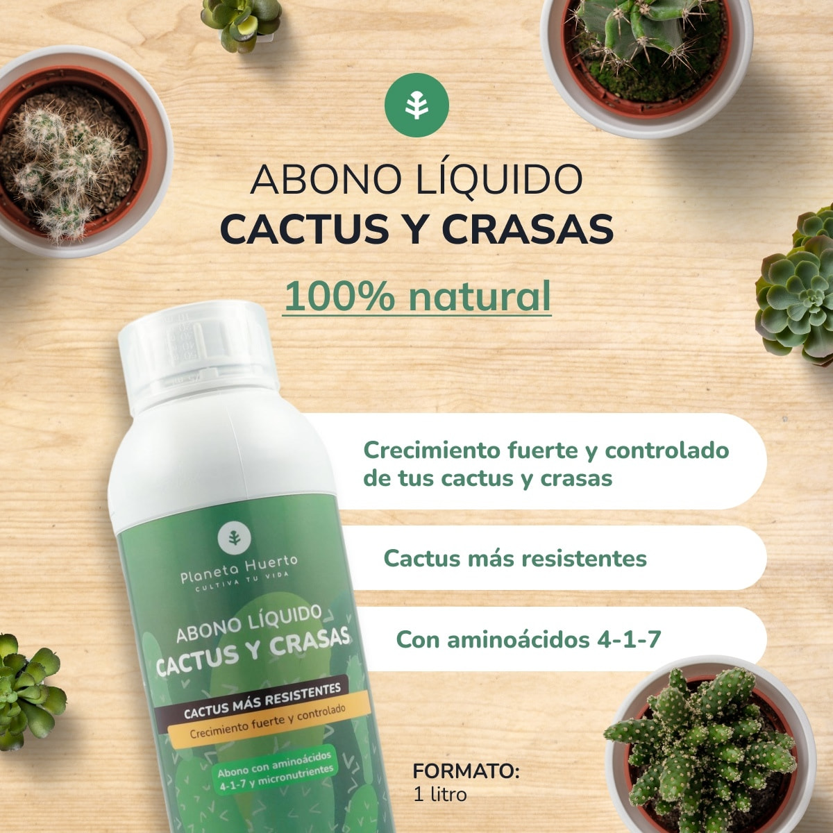 PLANETA HUERTO | Abono Líquido Cactus y Crasas 1 Litro: Fertilizante Orgánico Líquido - Abono Cactus para una Nutrición Óptima en Cactus y Plantas Suculentas con Acción Bioestimulante