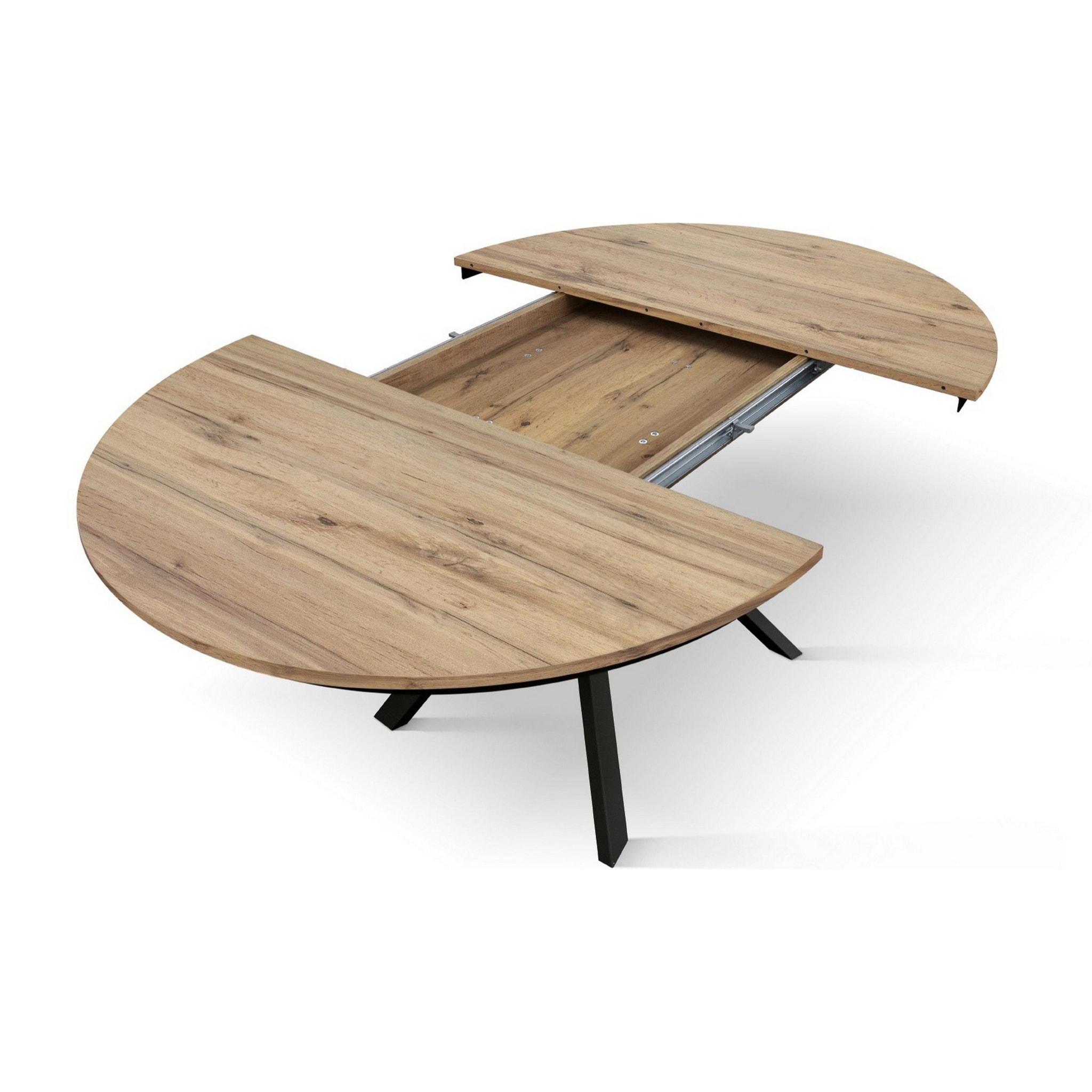 Tavolo rotondo PANTELLERIA in legno effetto rovere rustico con gambe incrociate in metallo antracite, allungabile ⌀120 cm - ⌀170 cm