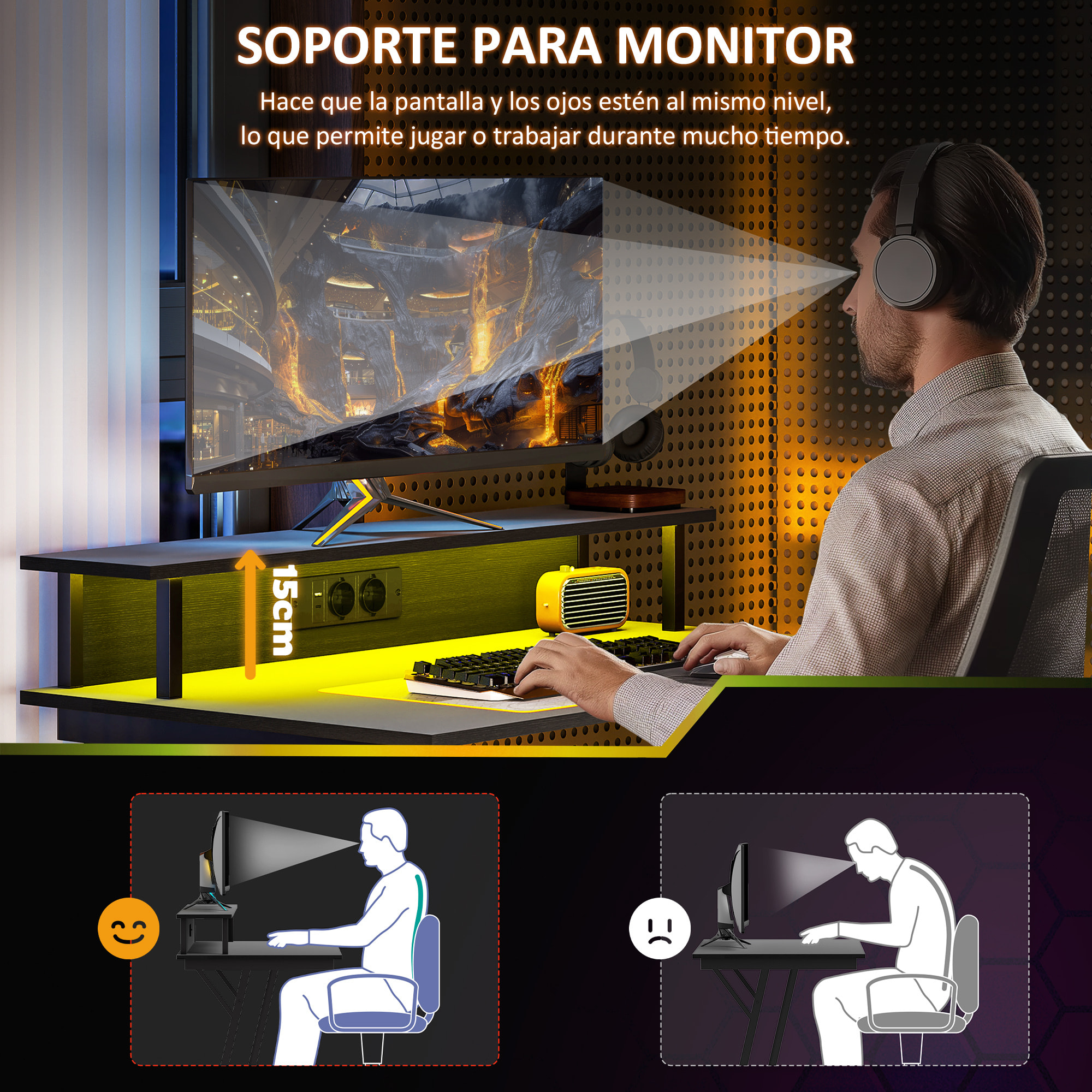 Mesa Gaming con Luces LED, 100x60 cm, Escritorio Gaming, Mesa Gamer con Tomas de Corriente, Soporte para Monitor, Estantes y Control Remoto, para Oficina, Estudio, Negro