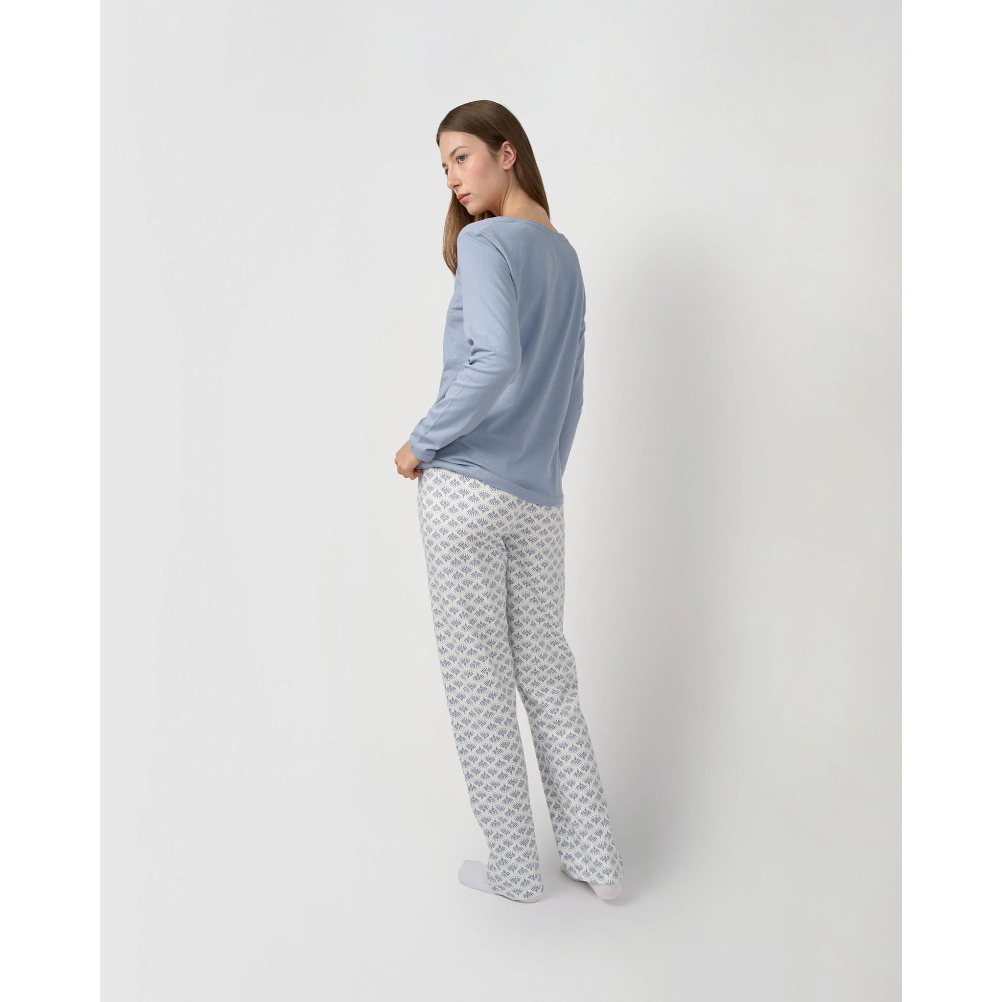 Pigiama lungo in cotone con scollo a v, arubi blu