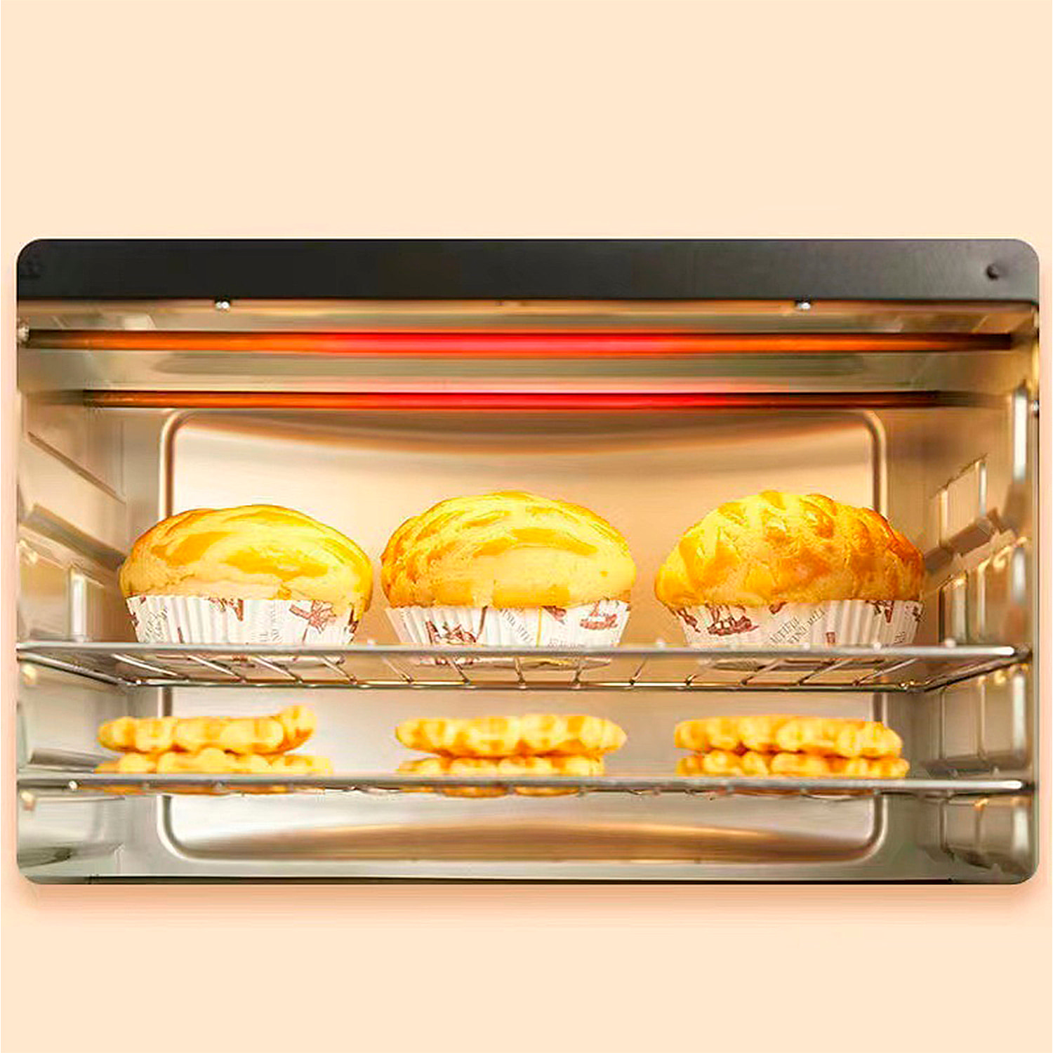 Horno eléctrico de sobremesa con 22 litros de capacidad. Panel de control mecánico y 1000W de potencia.