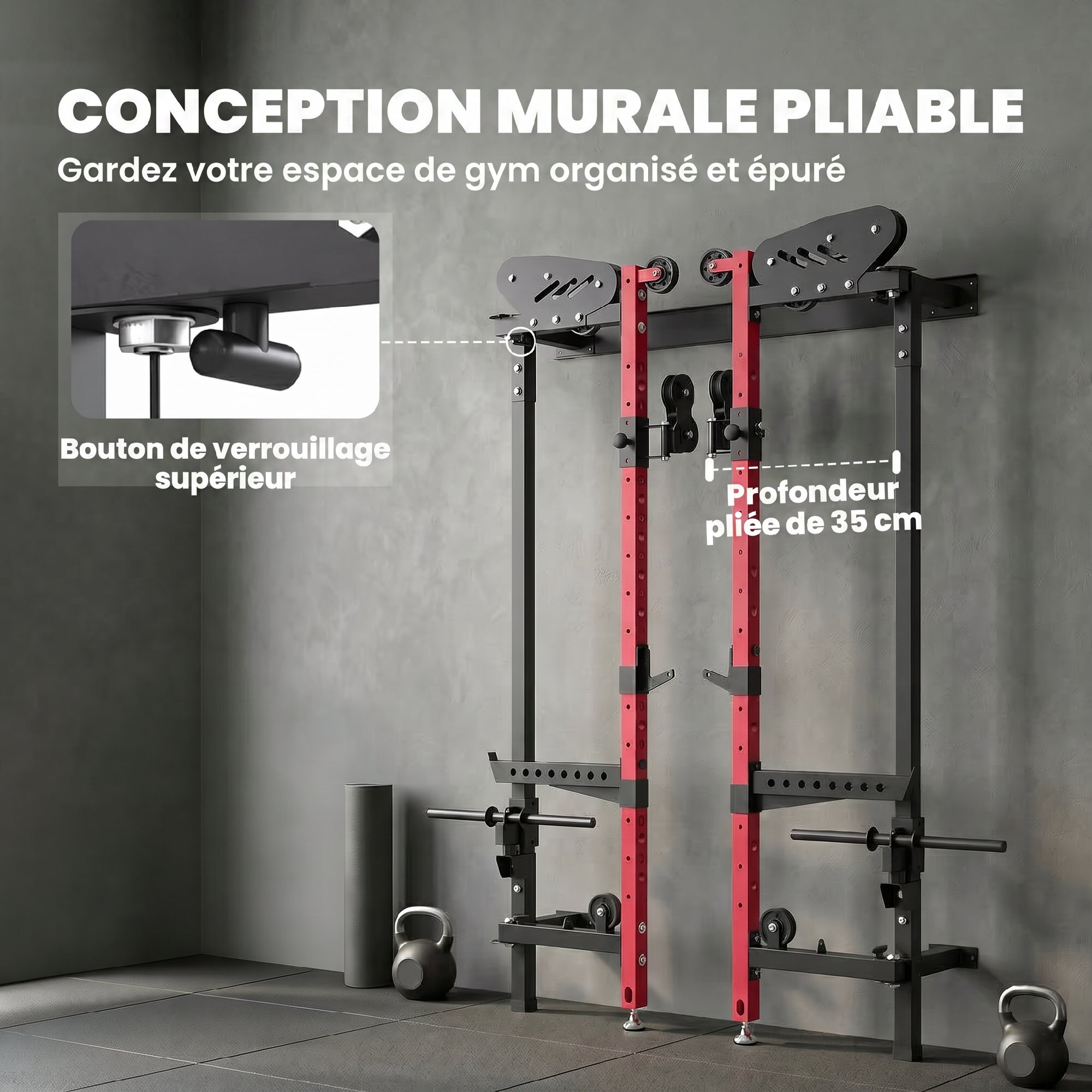 Station de musculation pliable - power rack  700kg double poulie réglable 14 niv. acier rouge noir