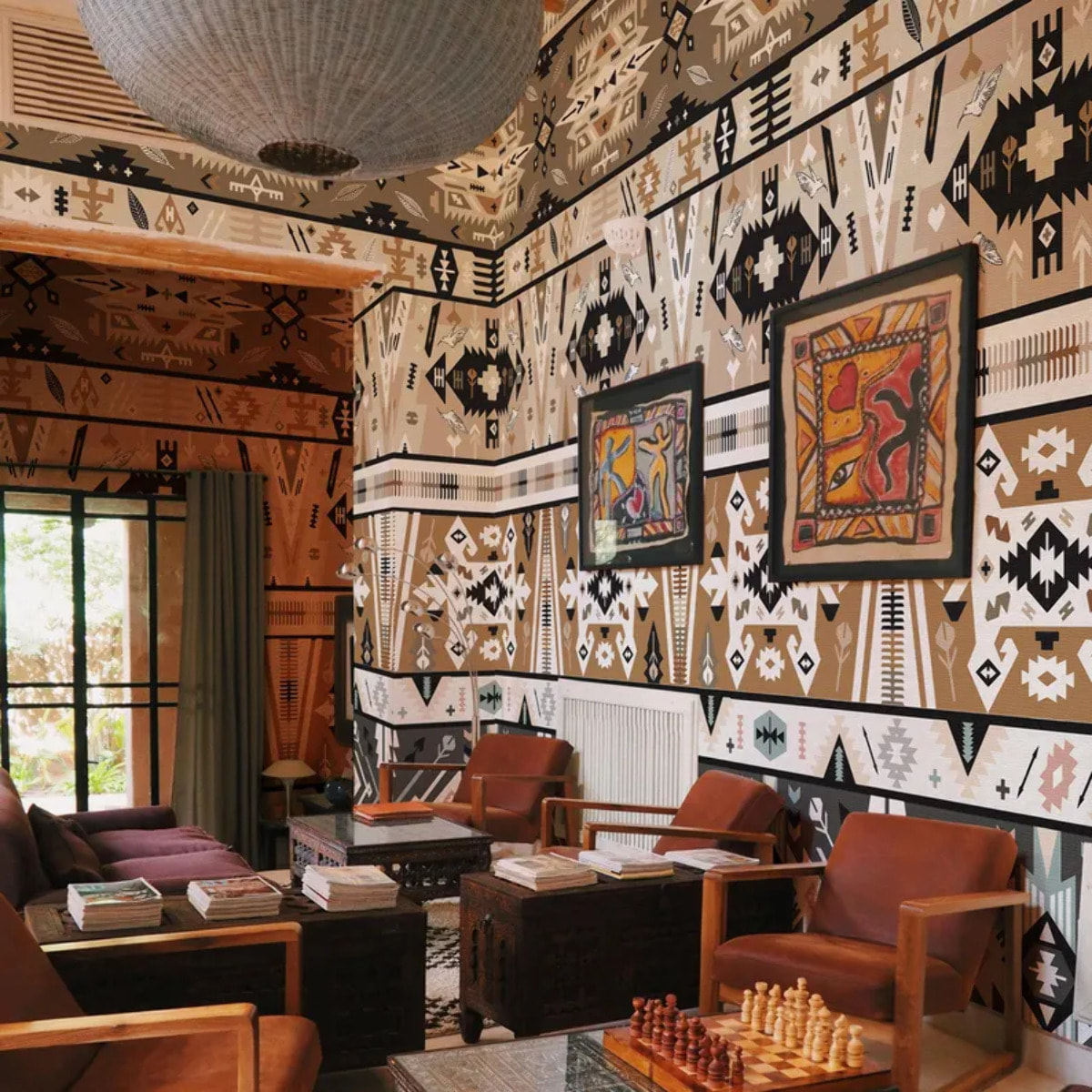 Carta da Parati Azteca Tribale effetto Tappeto Bianca e Nera