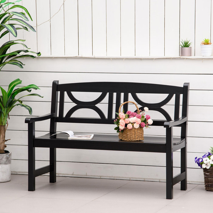 Banc de jardin 2 places style colonial dim. 123L x 61l x 89.5H cm assise à lattes dossier ajouré motif tribal bois peuplier noir