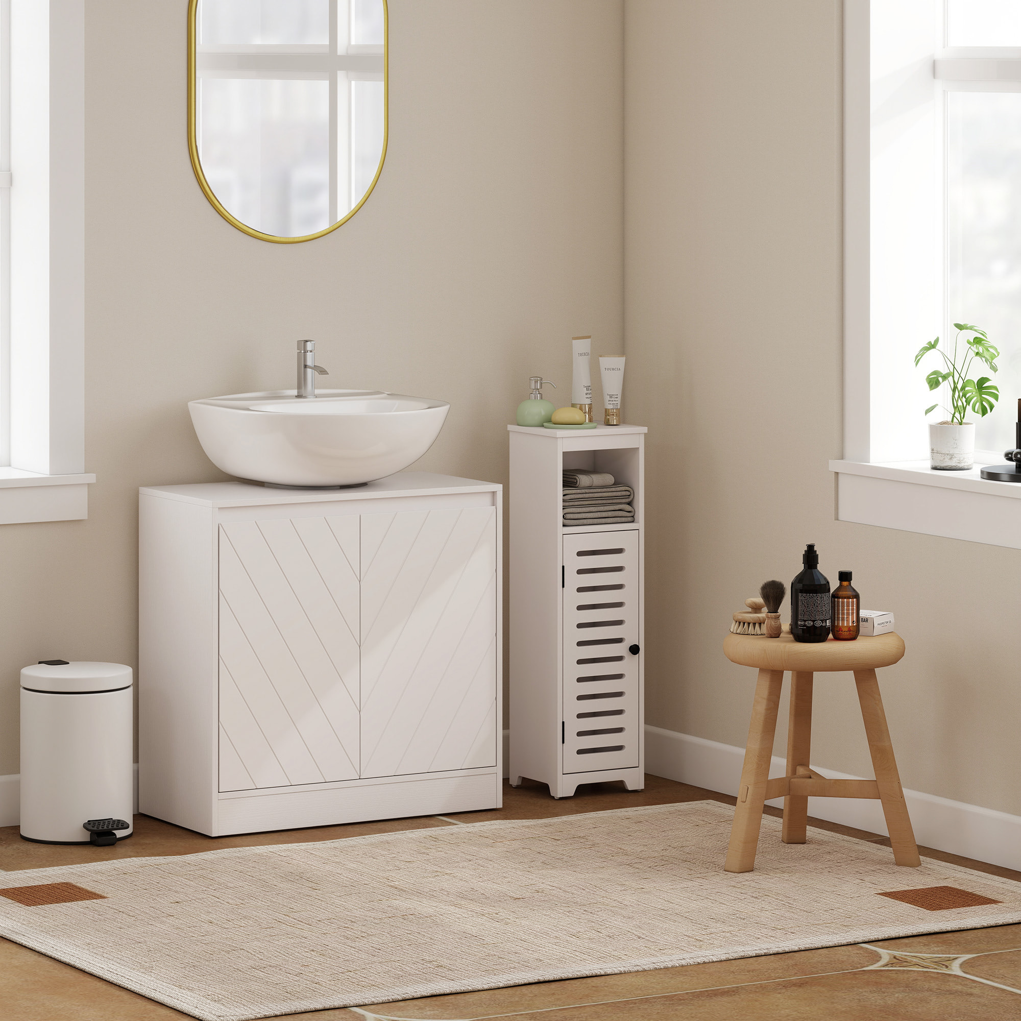 Mueble Bajo Lavabo, Mueble de Baño con 2 Puertas y Estante Ajustable, Armario de Baño para Lavabos con o sin Pedestal, Estilo Vintage, 60x30x59,8 cm, Blanco