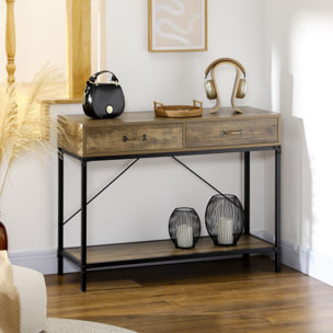 Mesa de Consola Industrial, Mesa de Sofá con 2 Cajones y Estante, Consola para Recibidor con Patas de Metal, para Salón, Pasillo, Entrada, Marrón y Negro