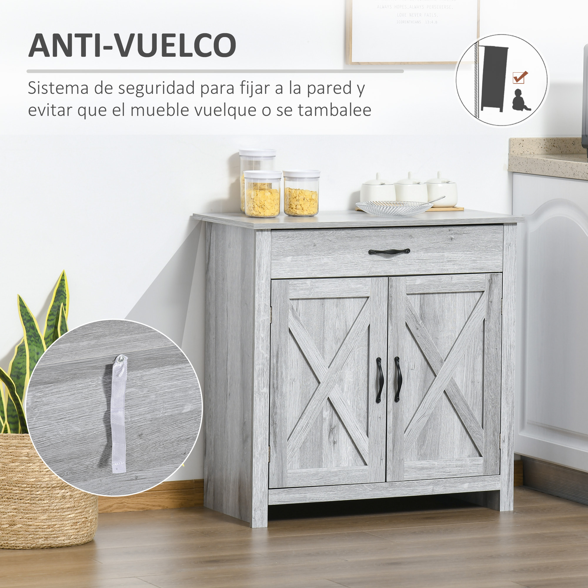 HOMCOM Aparador de Cocina con 1 Cajón 2 Puertas y Estante Interior Ajustable Mueble Auxiliar Decorativo para Comedor Salón 80x39,7x80 cm Gris