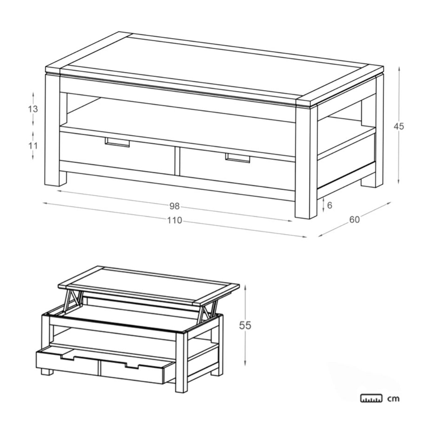 Table basse avec plateau relevable Jil -bois massif, panneau de mdf et placage naturel-couleur naturel 110 x 45 x 60 cm