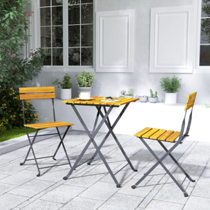 Ensemble bistrot de jardin 3 pièces pliables style exotique acier noir lattes bois acacia verni