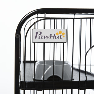 PawHut Cage pour Petits Animaux Roulante 3 Rampes 3 Plates-formes Plat et Bouteille d'Eau Bac Inférieur Amovible Acier PP Noire