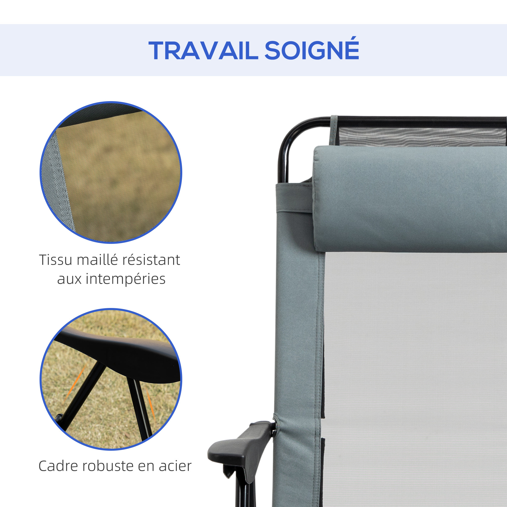 Lot de 2 chaises de jardin camping pliables - dossier inclinable 5 positions - tétière incluse - acier époxy oxford textilène gris