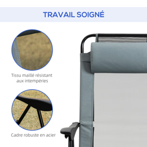 Lot de 2 chaises de jardin camping pliables - dossier inclinable 5 positions - tétière incluse - acier époxy oxford textilène gris