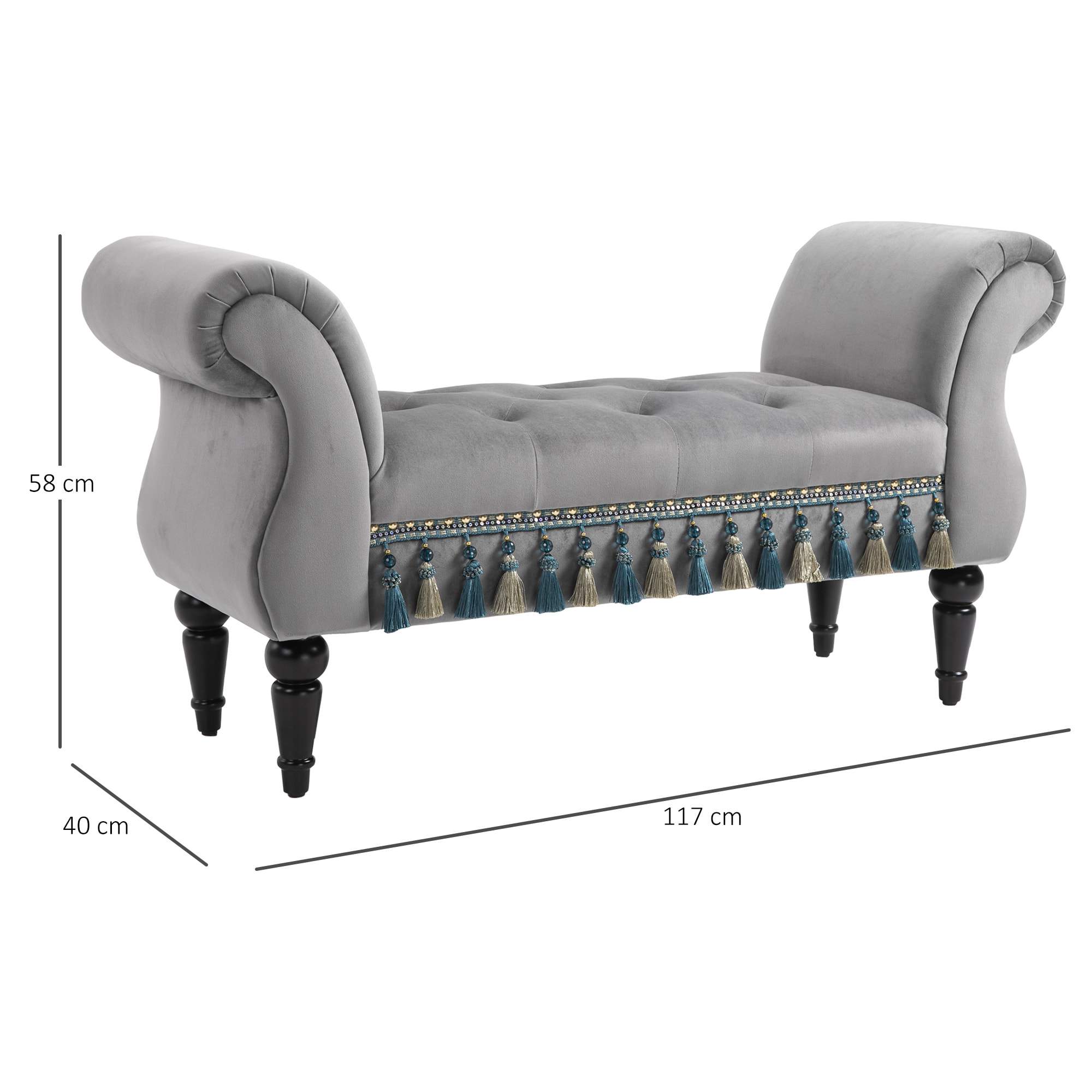 Banc banquette capitonnée design accoudoirs courbés pompons pieds bois hévéa revêtement velours gris