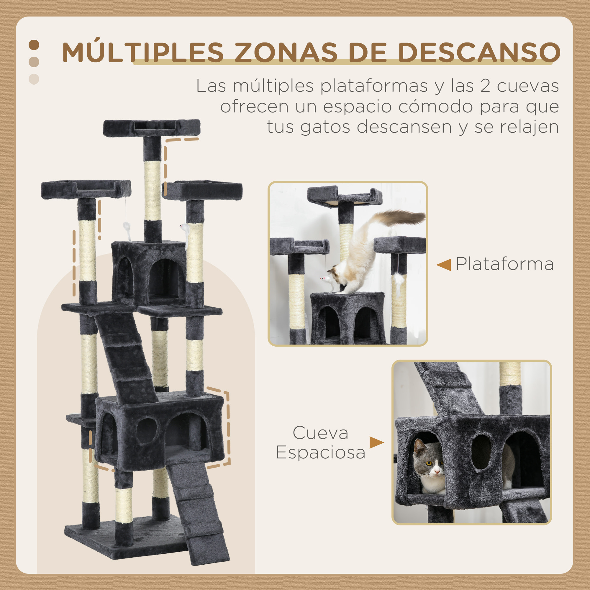 Árbol Rascador para Gatos Grande 49x49x173 cm con Múltiples Niveles con Cuevas Escaleras Juguetes Colgantes Camas Centro Actividades Sisal Beige