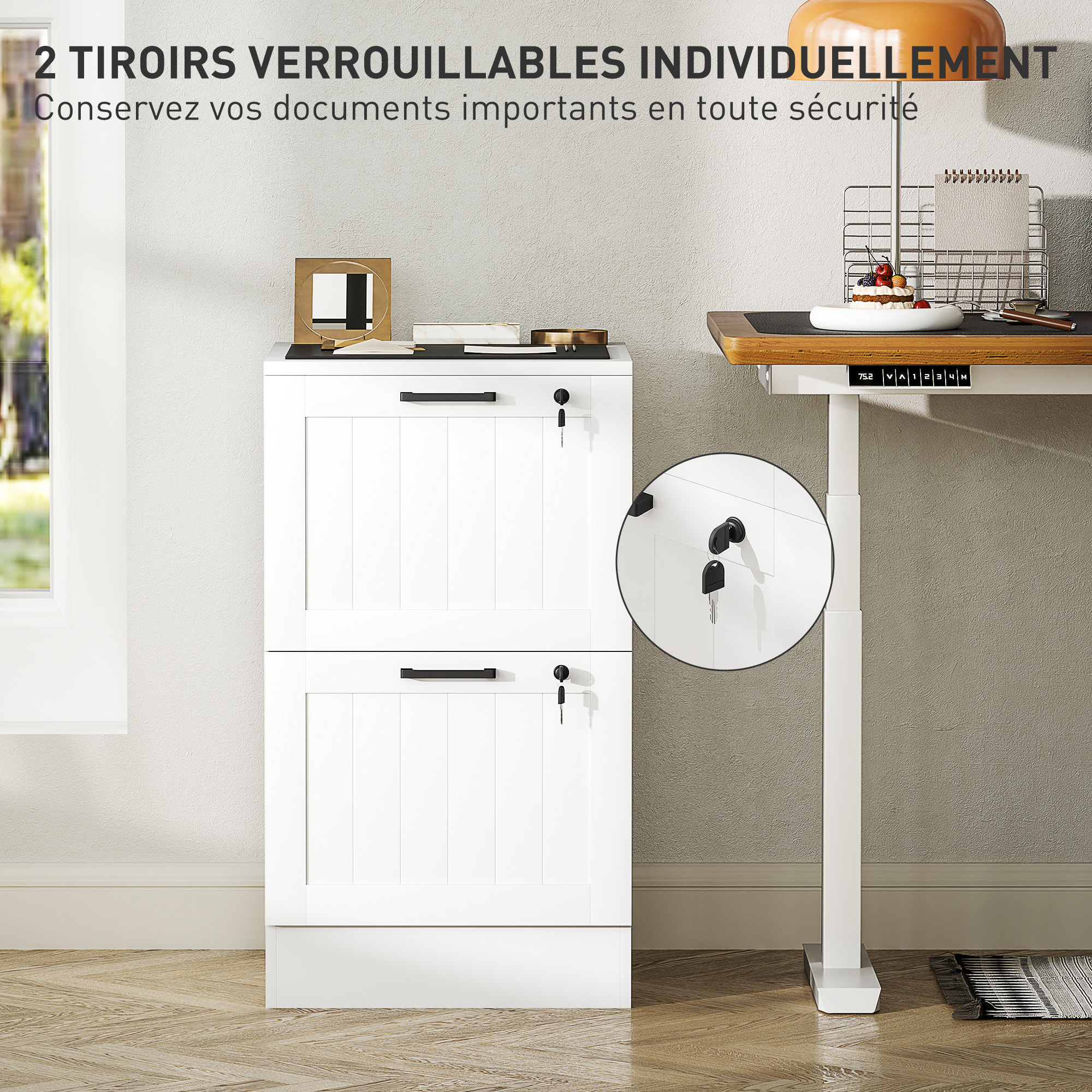 Caisson bureau 2 tiroirs verrouillables dossiers suspendus dim. 40x40x71cm MDF blanc