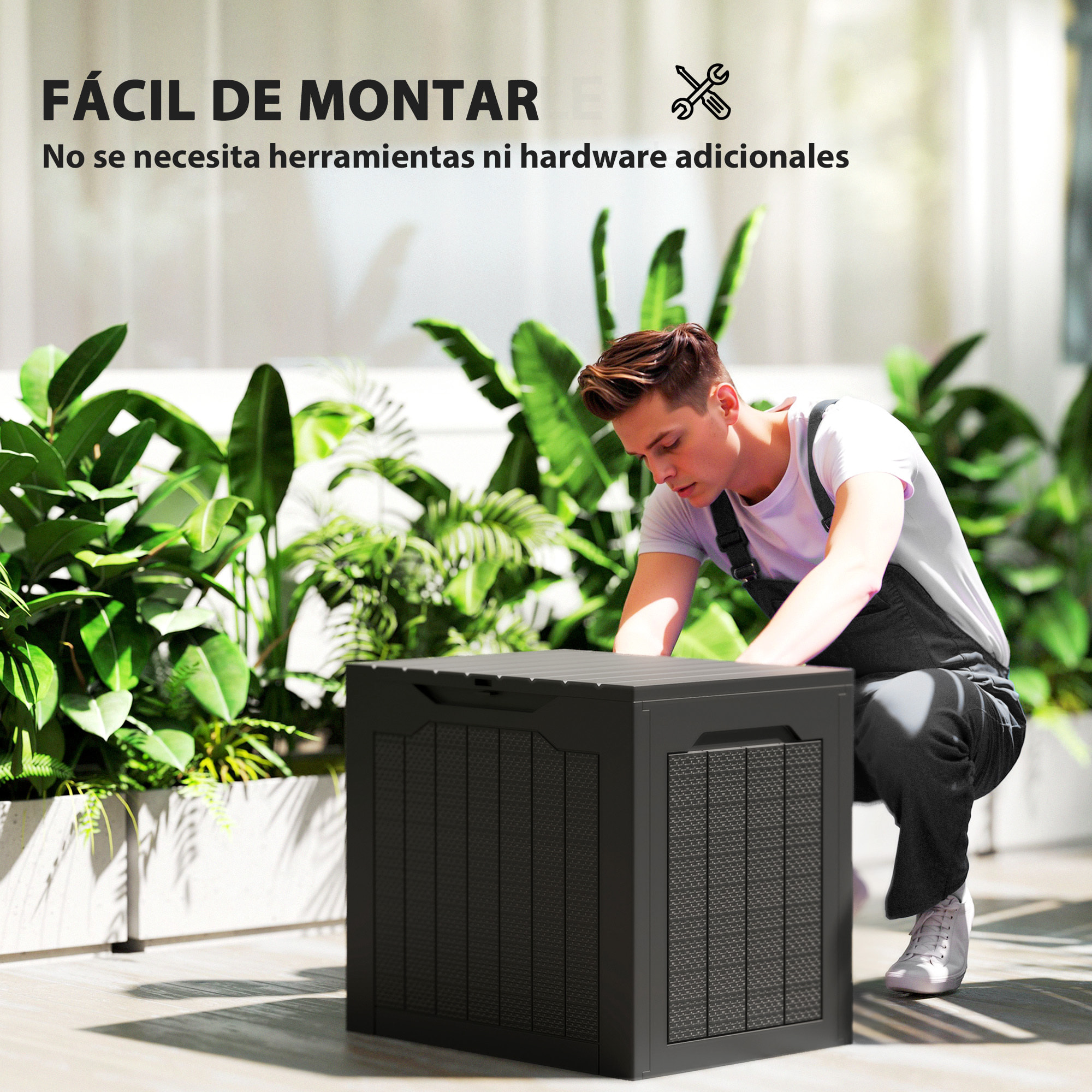 Baúl de Almacenaje Exterior 93L Arcón de Jardín Exterior Pequeño de Plástico Impermeable con 2 Asas Integradas y Soporte para Candado 56x41x50 cm Negro