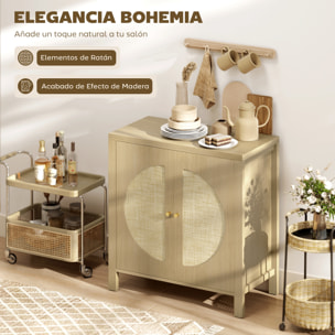 Aparador de Cocina con 2 Puertas de Ratán Sintético, Mueble Auxiliar de Cocina con Estante Ajustable y 2 Tiradores, Mueble de Buffet para Comedor, Salón, 75x38x77 cm, Madera Natural