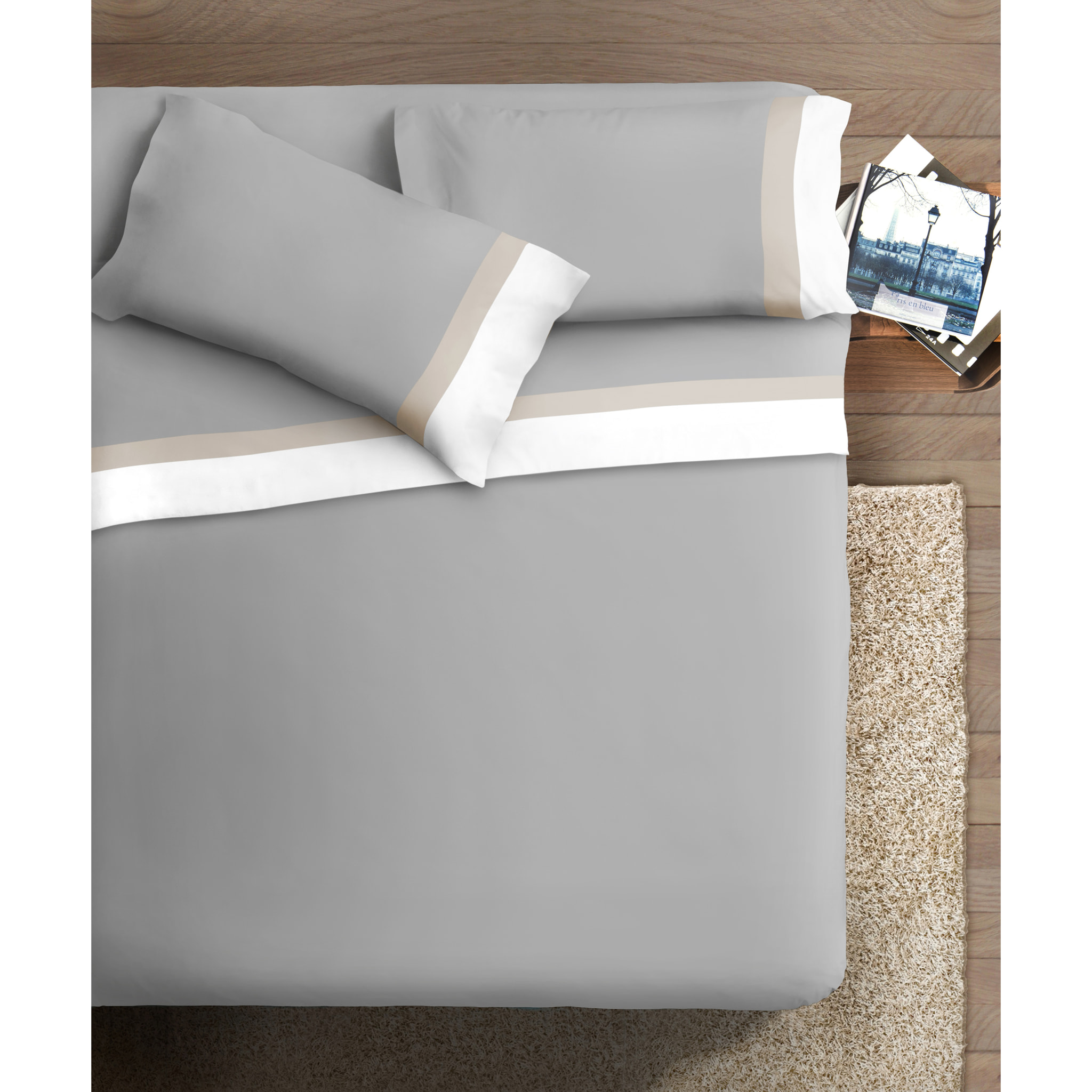 Completo letto doppia balza RASO IPERSAN Puro Cotone Bianco/Panna fondo Grigio