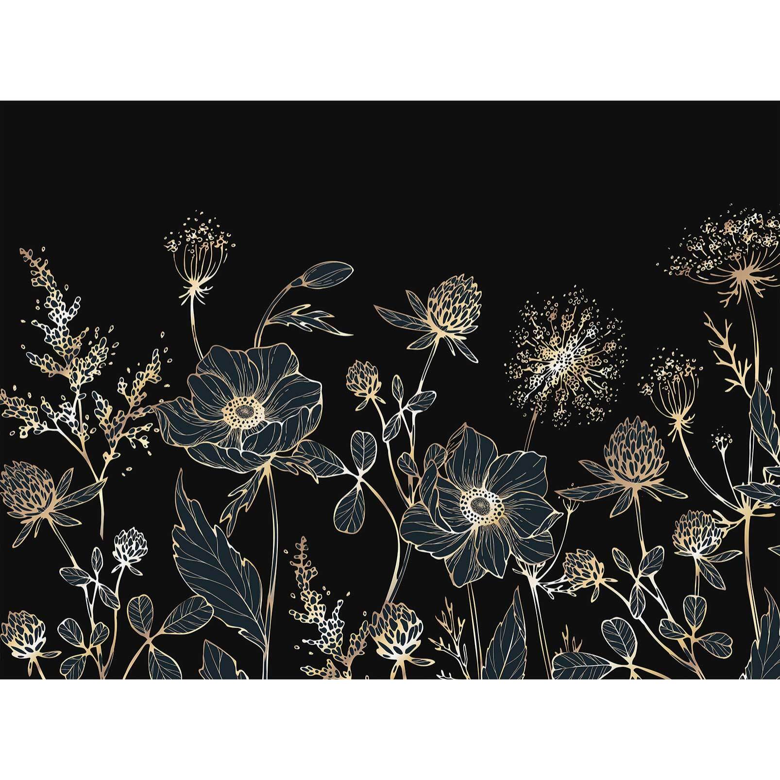 Papier peint fleurs sauvages dorées fond bleu nuit élégant Intissé