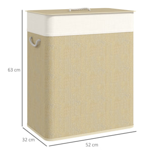Panier à linge double 100L - corbeille à linge avec couvercle et poignées - tissage bambou écru