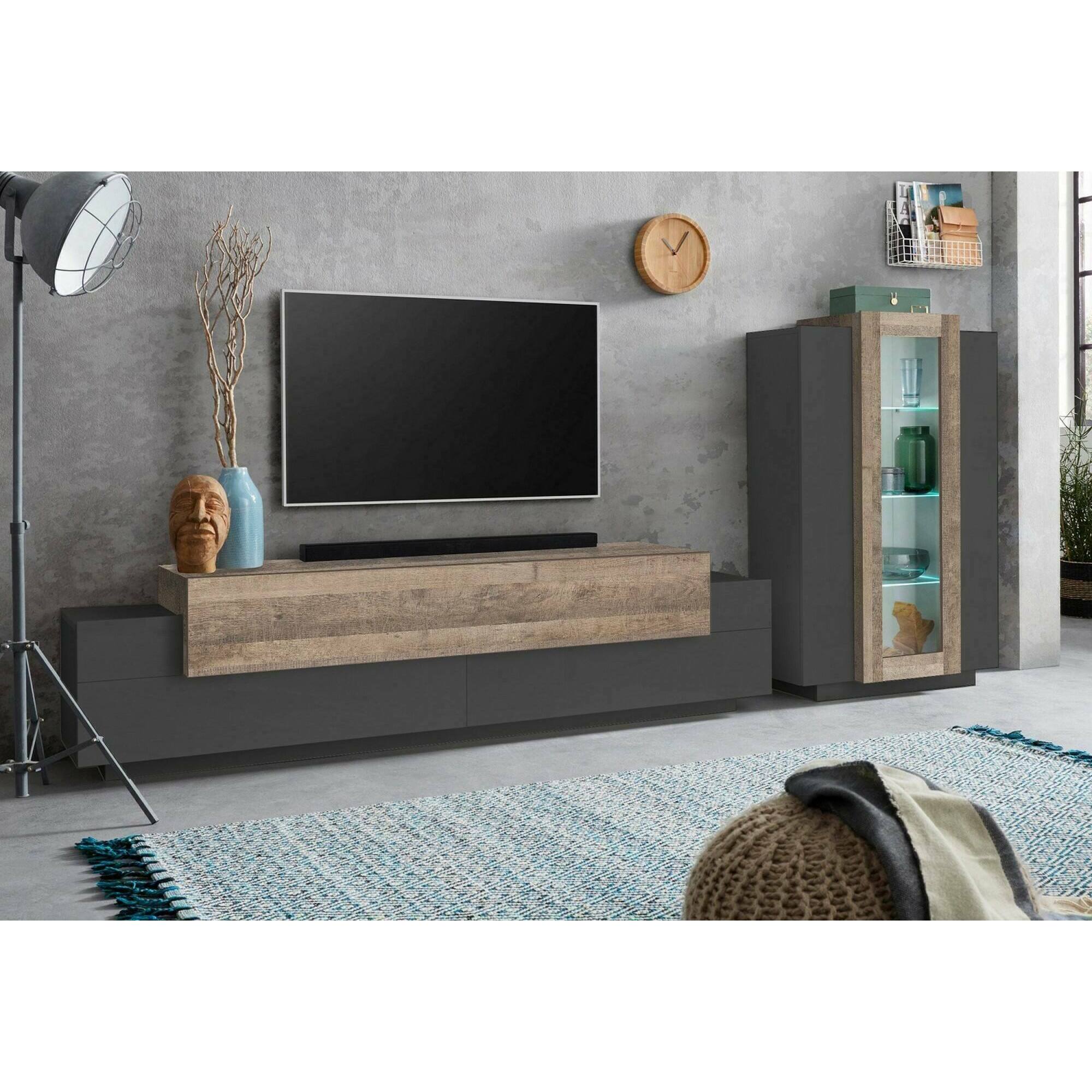 Parete attrezzata Isaia, Set salotto porta TV, Mobile soggiorno multiuso, 100% Made in Italy, cm 280x45h120, Antracite e Rovere