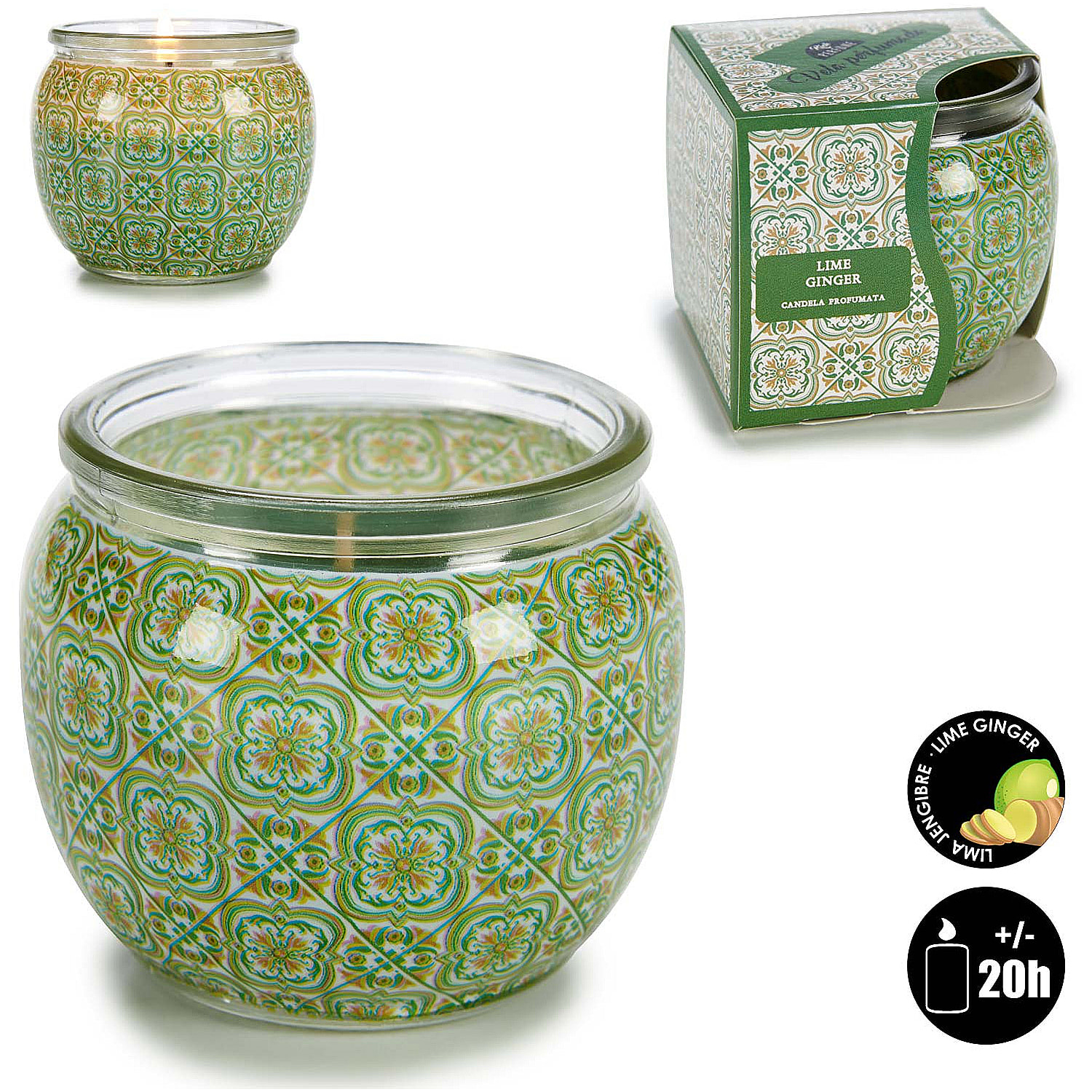 Candela profumata in barattolo di vetro odore di zenzero e lime.
