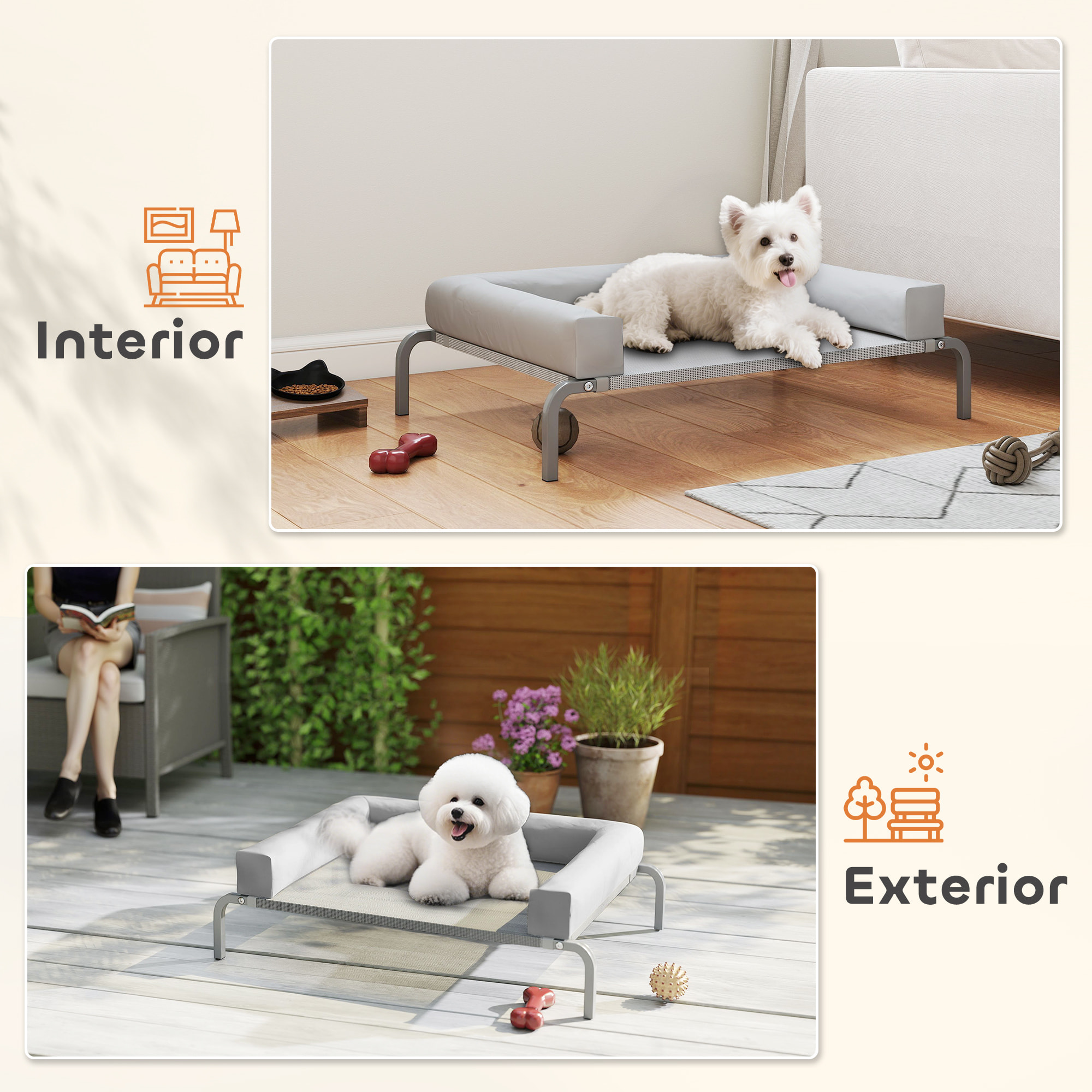 Cama Elevada para Perros Refrescante con Refuerzos Extraíbles Cama Elevada para Perros Pequeños Portátil con Malla Transpirable Marco de Acero para Interior Exterior 90x65x30 cm Gris Claro