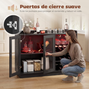 Mueble de Bar, Armario Buffet para Vinos con Luces LED RGB y Botellero para 12 Botellas, Aparador de Cocina con Estante Ajustable y Puertas de Cierre Suave, para Comedor, Salón, Negro