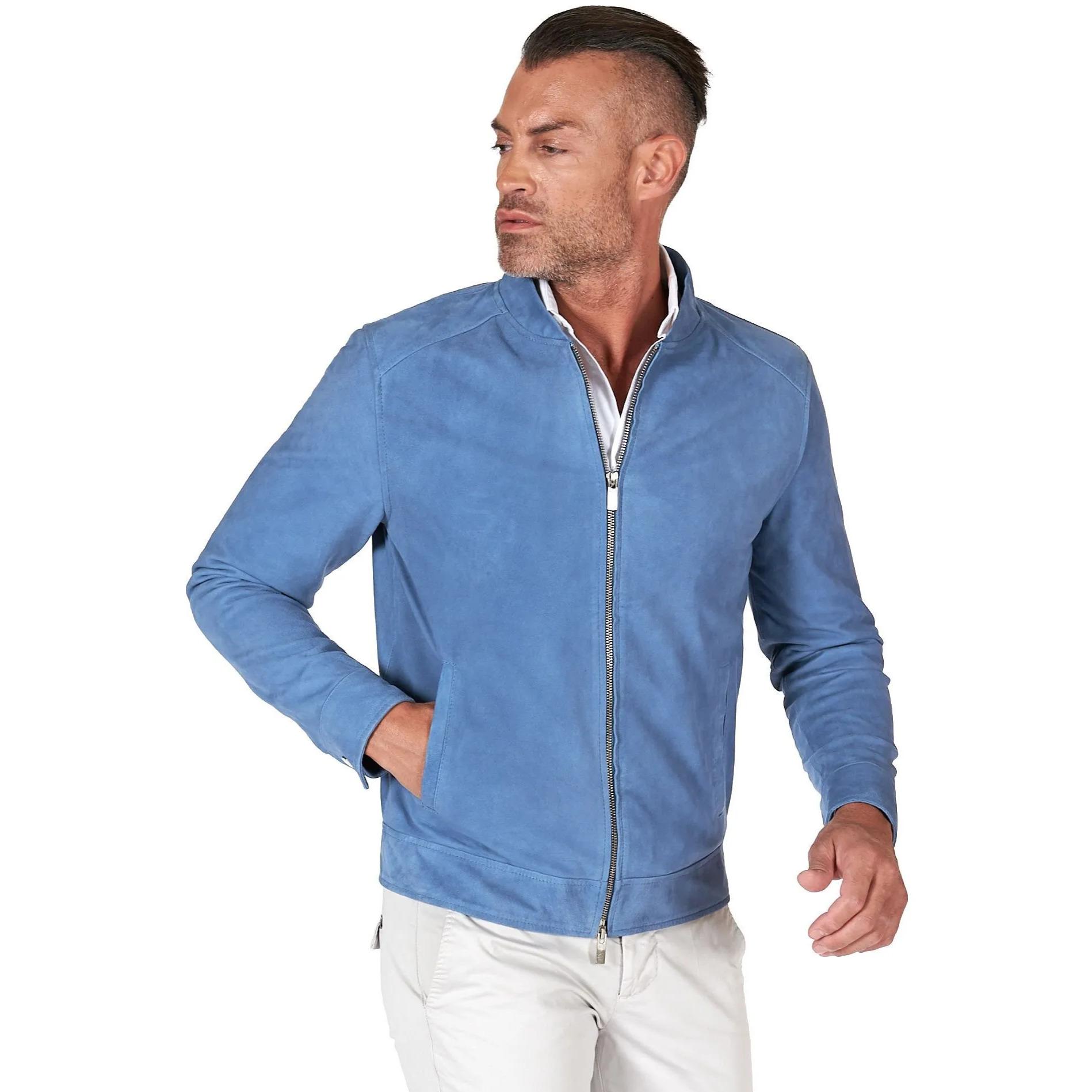 Giacca in pelle scamosciata blu denim con cerniera