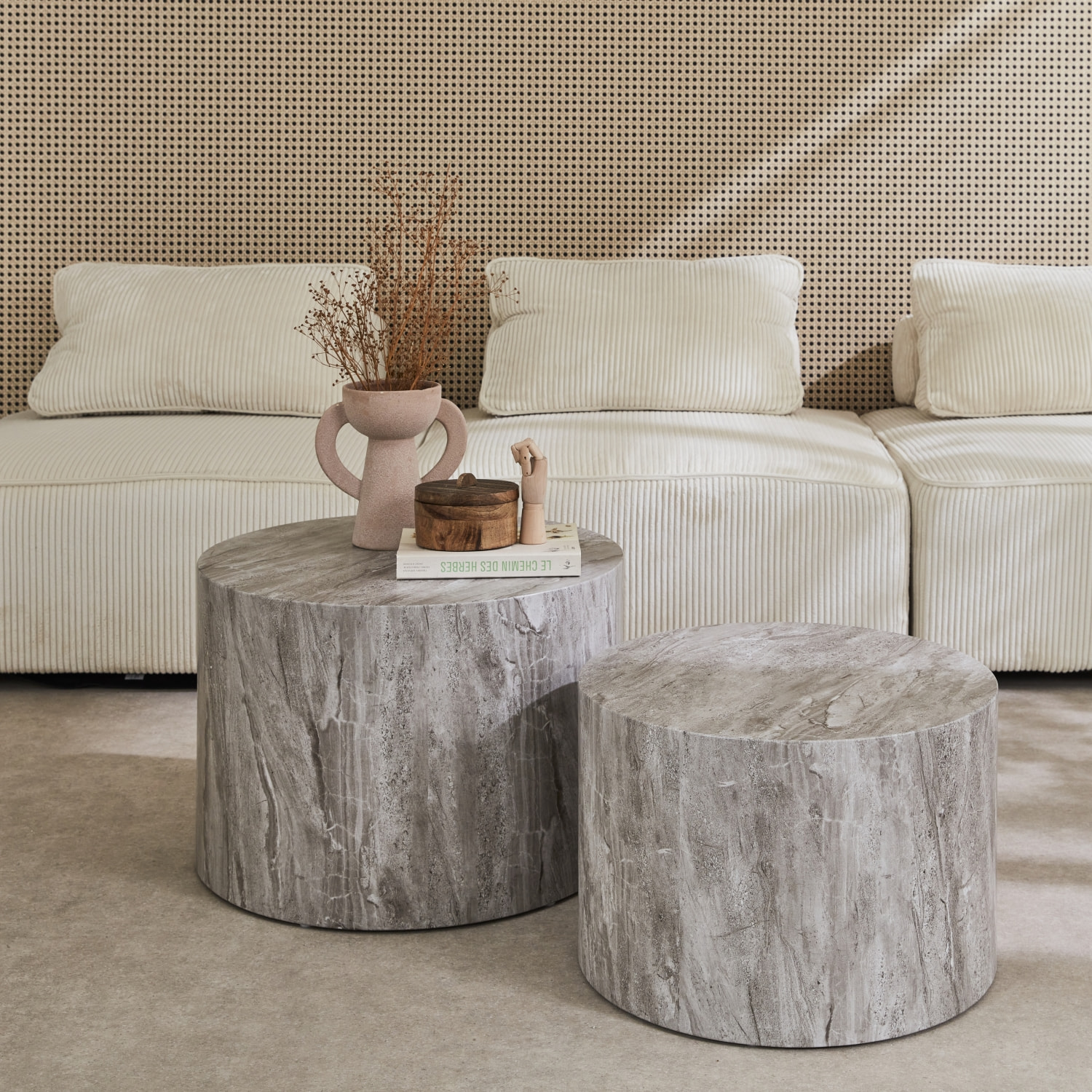 Lot de 2 tables basses PAROS rondes effet marbre gris. tables gigognes Ø58 x H 40cm / Ø50 x H 33cm