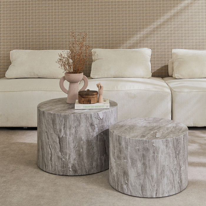 Lot de 2 tables basses PAROS rondes effet marbre gris. tables gigognes Ø58 x H 40cm / Ø50 x H 33cm